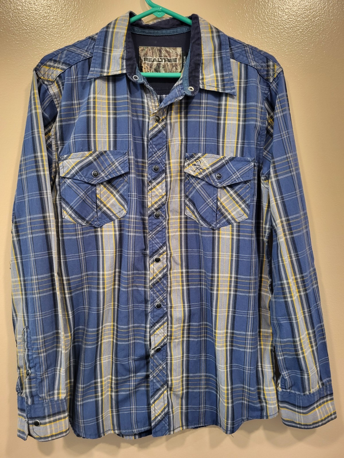 RealTree Xtra Blue Mens Medium Plaid Button Up Pearl Snap Long Sleeve Shirt