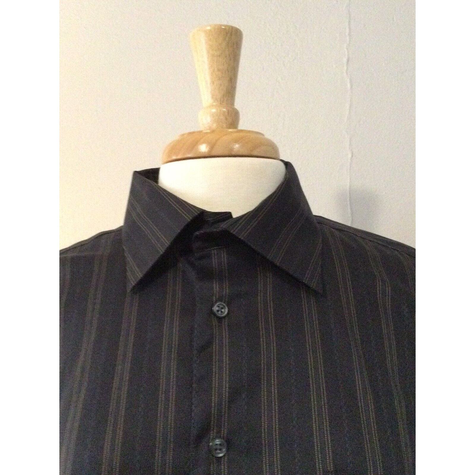 Pronto-Uomo Non Iron Blk Stripe L/S w/Pocket Button Down Dress Shirt Size Large