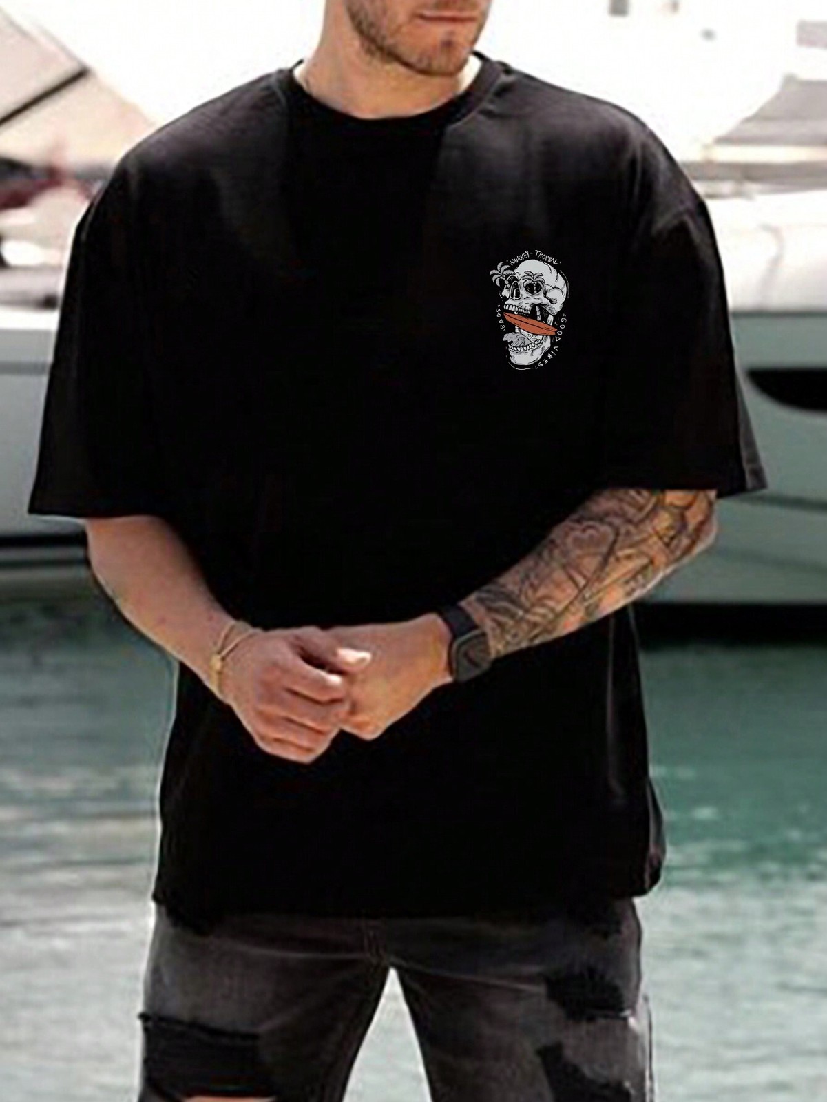 Men’s Summer Casual Letter & Skeleton Print Round Neck Short Sleeve T-Shirt