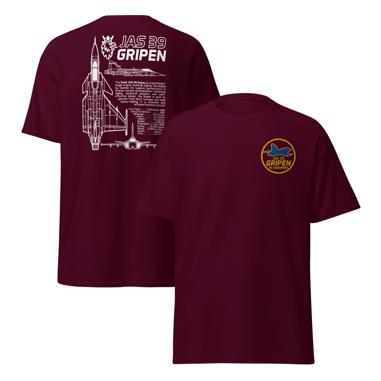 Saab JAS 39 Gripen Fighter Jet T-Shirt – Embroidered Badge & Jet Specs Back