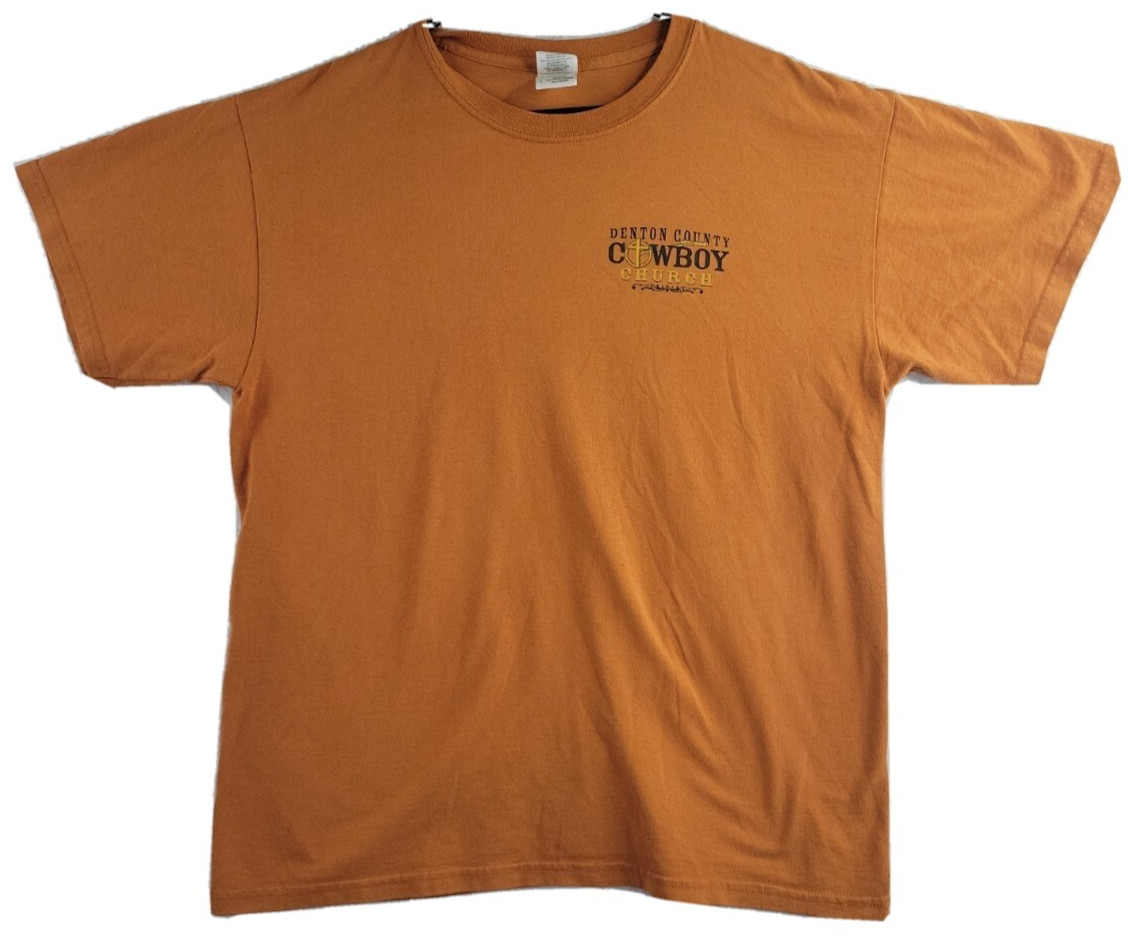 Denton Texas Cowboy Church Logo Orange Distressed T-shirt Mens Large