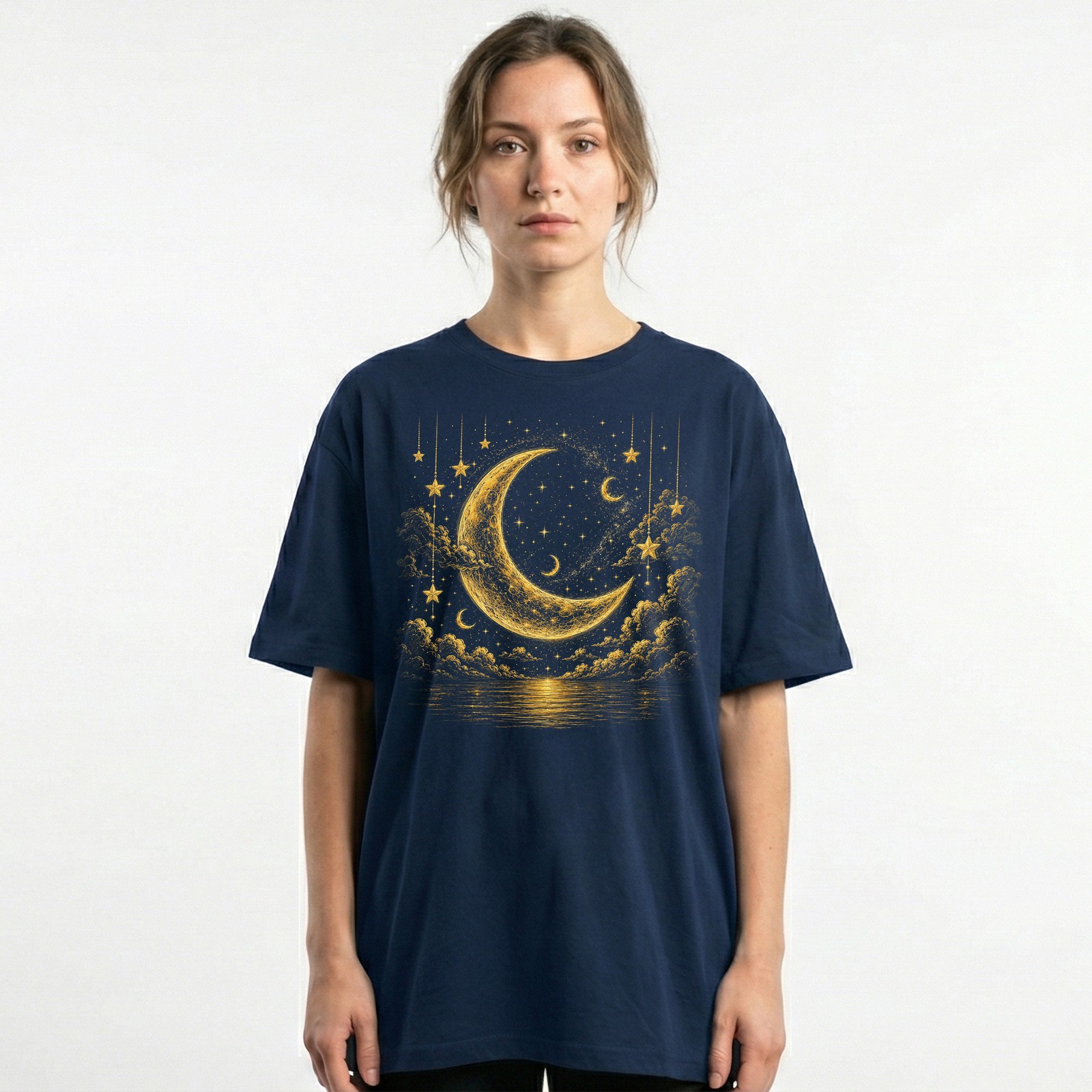 Golden Crescent Moon Stars T-Shirt Mystic Night Sky Reflection Tee