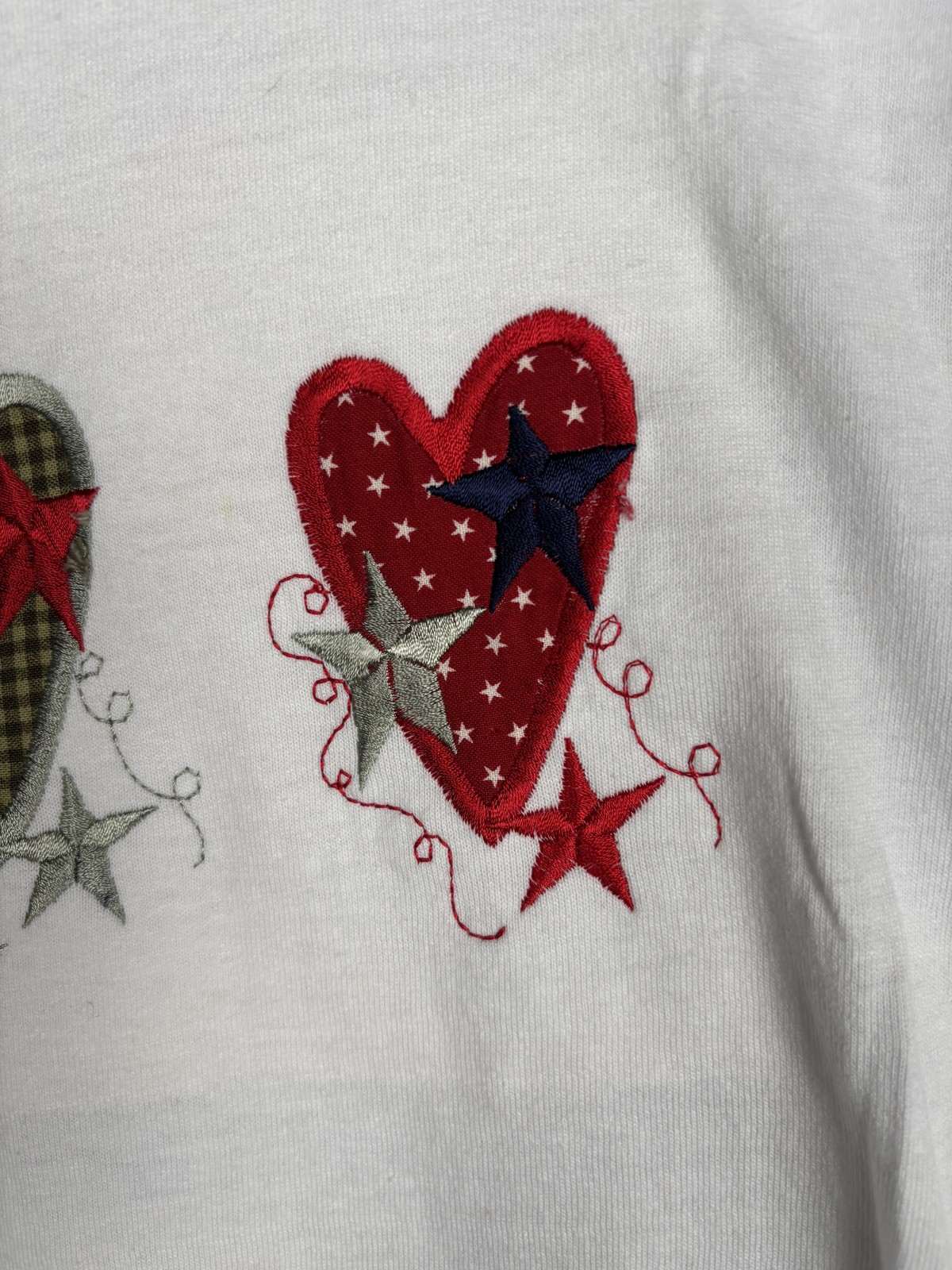 Jerzees Shirt Mens Medium White Patriotic Hearts Stars Embroidered USA Tee