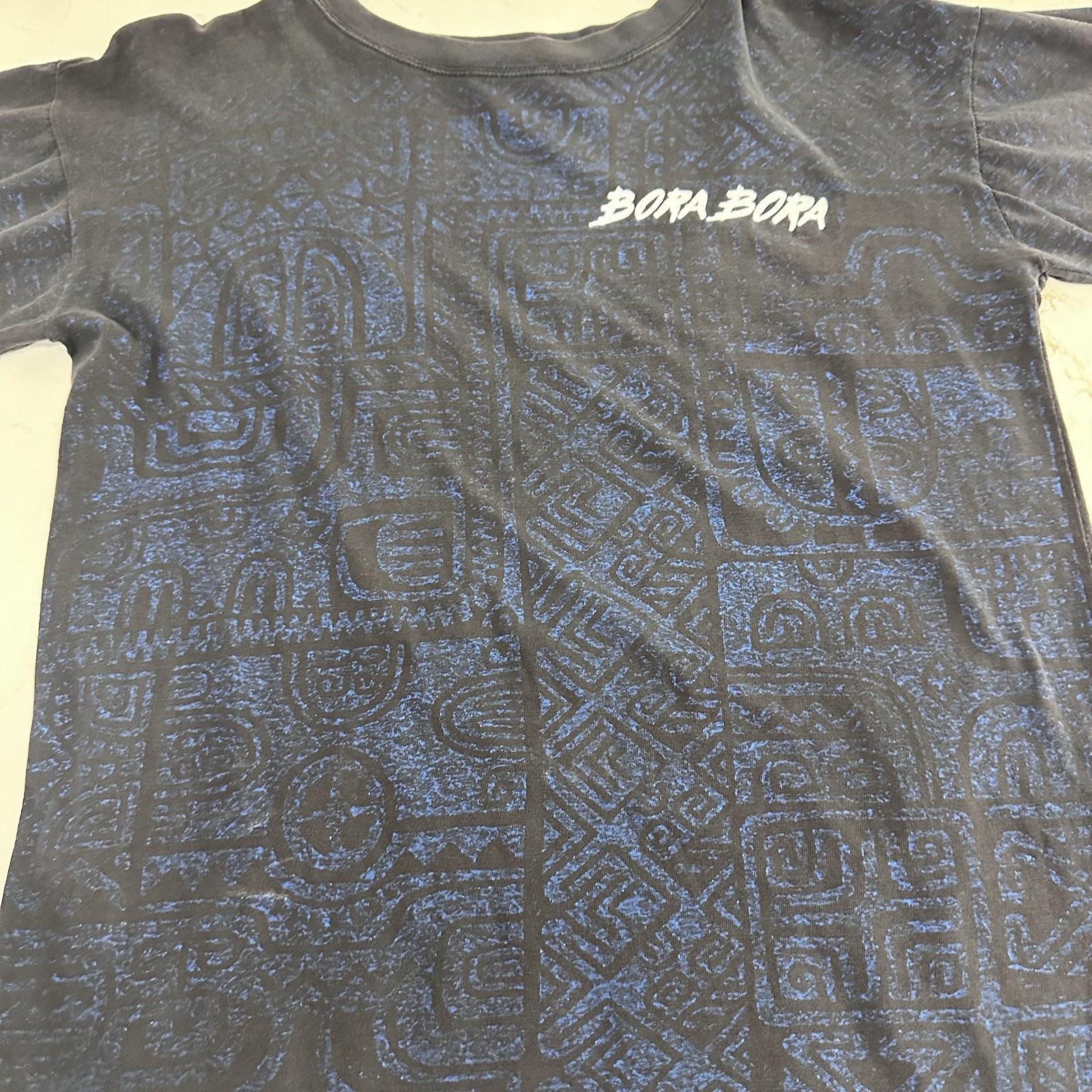 Bora Bora Magic Power Tahiti Shirt Mens Sz 44 Blue SS Hawaiian Graphic All Over