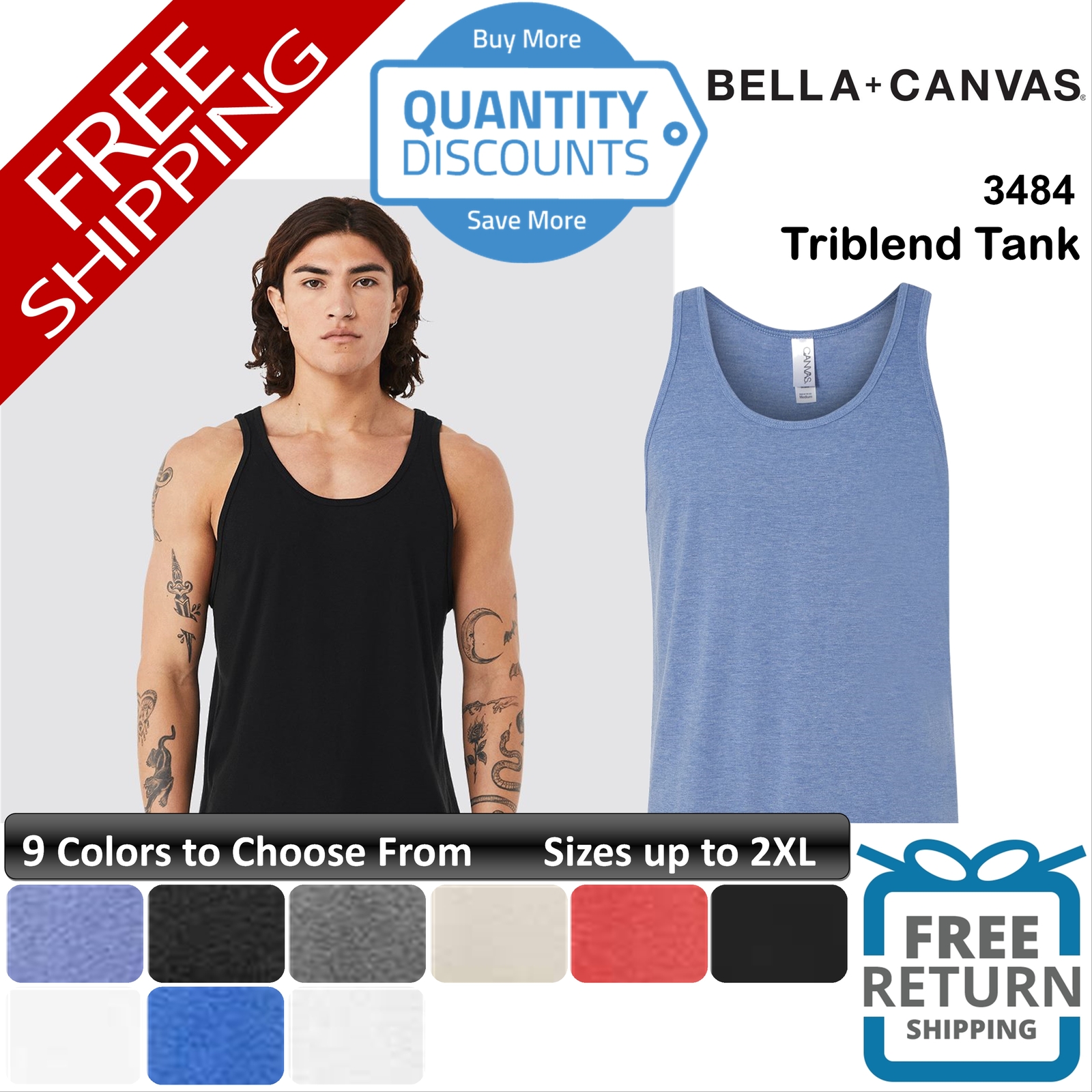 Bella + Canvas Men Triblend Tank Top Shirt Pre-shrunk Ring-spun Up To 2XL 3484