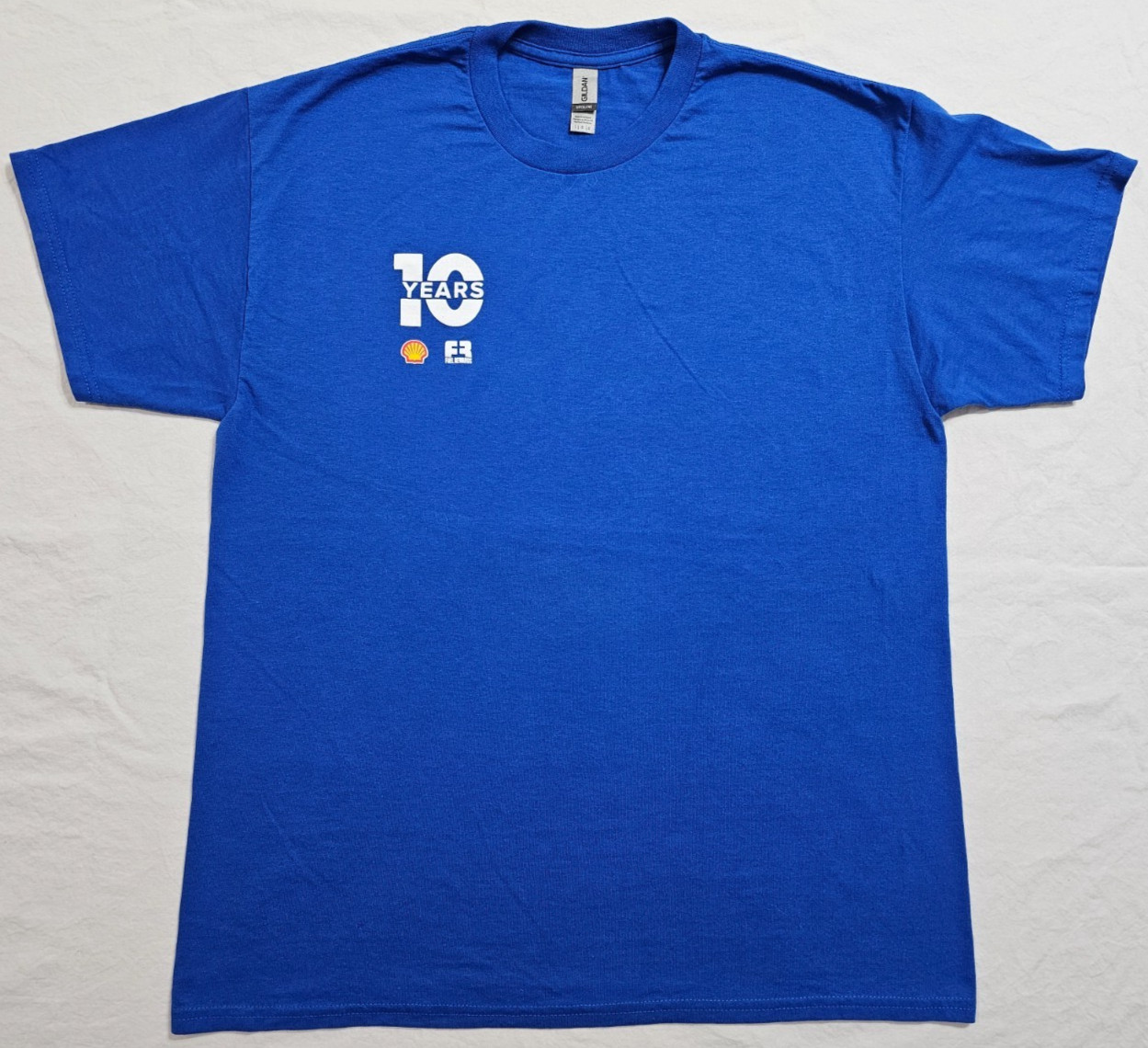 Shell 10 Years FR Fuel Reward Gas Blue Tee Shirt Size L Hot Rod Racing Sponser