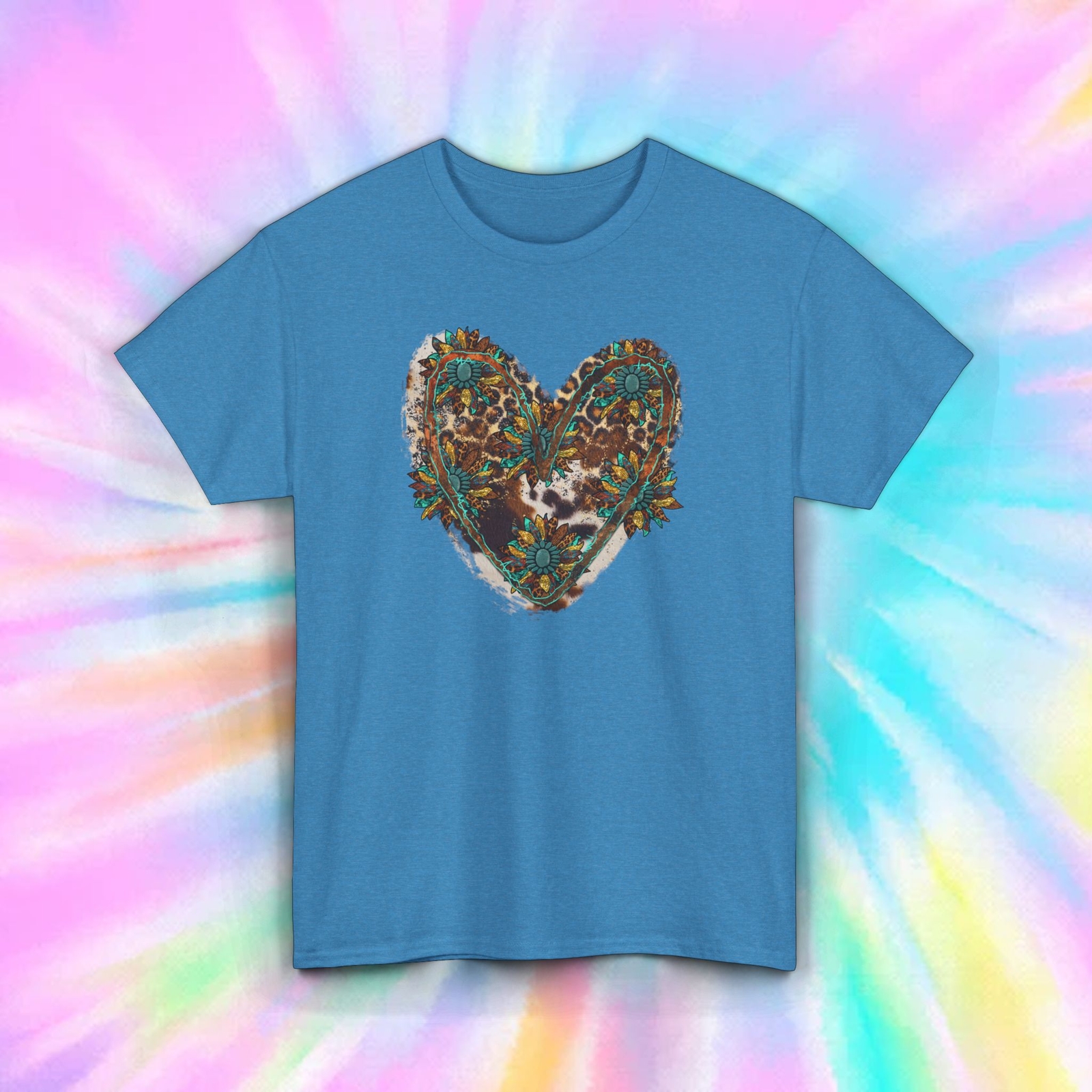 Western Sunflower Heart T-Shirt | Boho Leopard Print Graphic Tee S-5XL