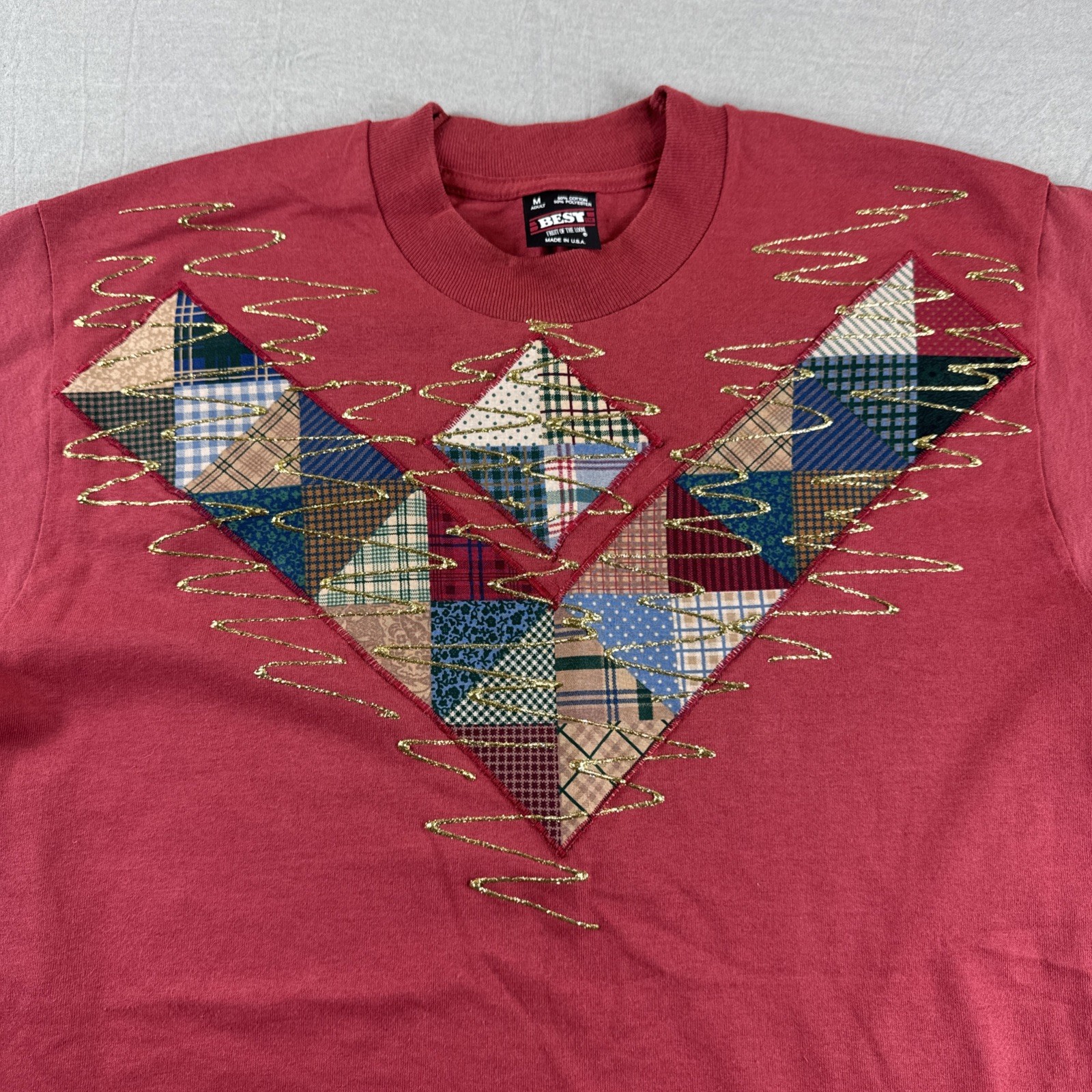 Vintage FOTL Best Shirt Mens M Red Made in USA Single Stitch Embroidered Glitter