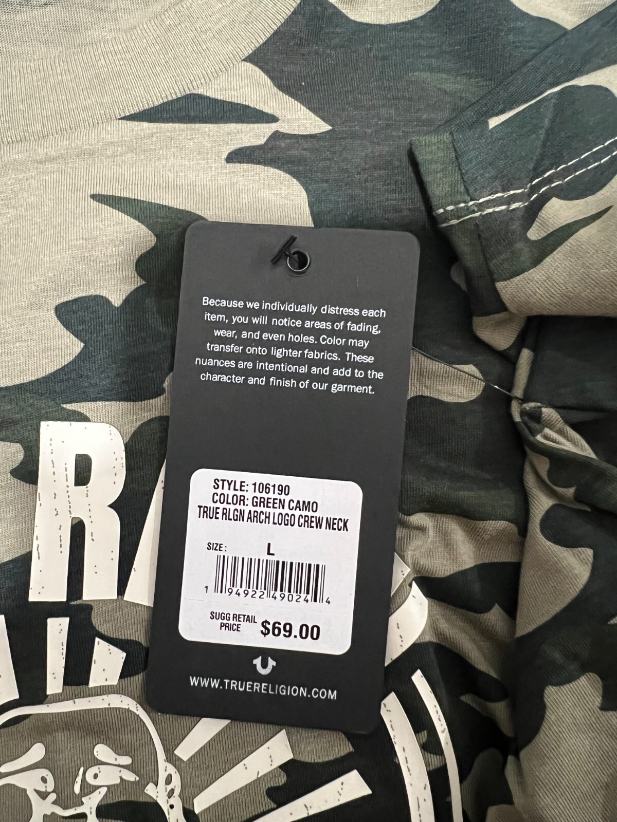 True Religion Men’s Size L Green Camo Arch Logo Crew Neck Tee $69 NWT #106190