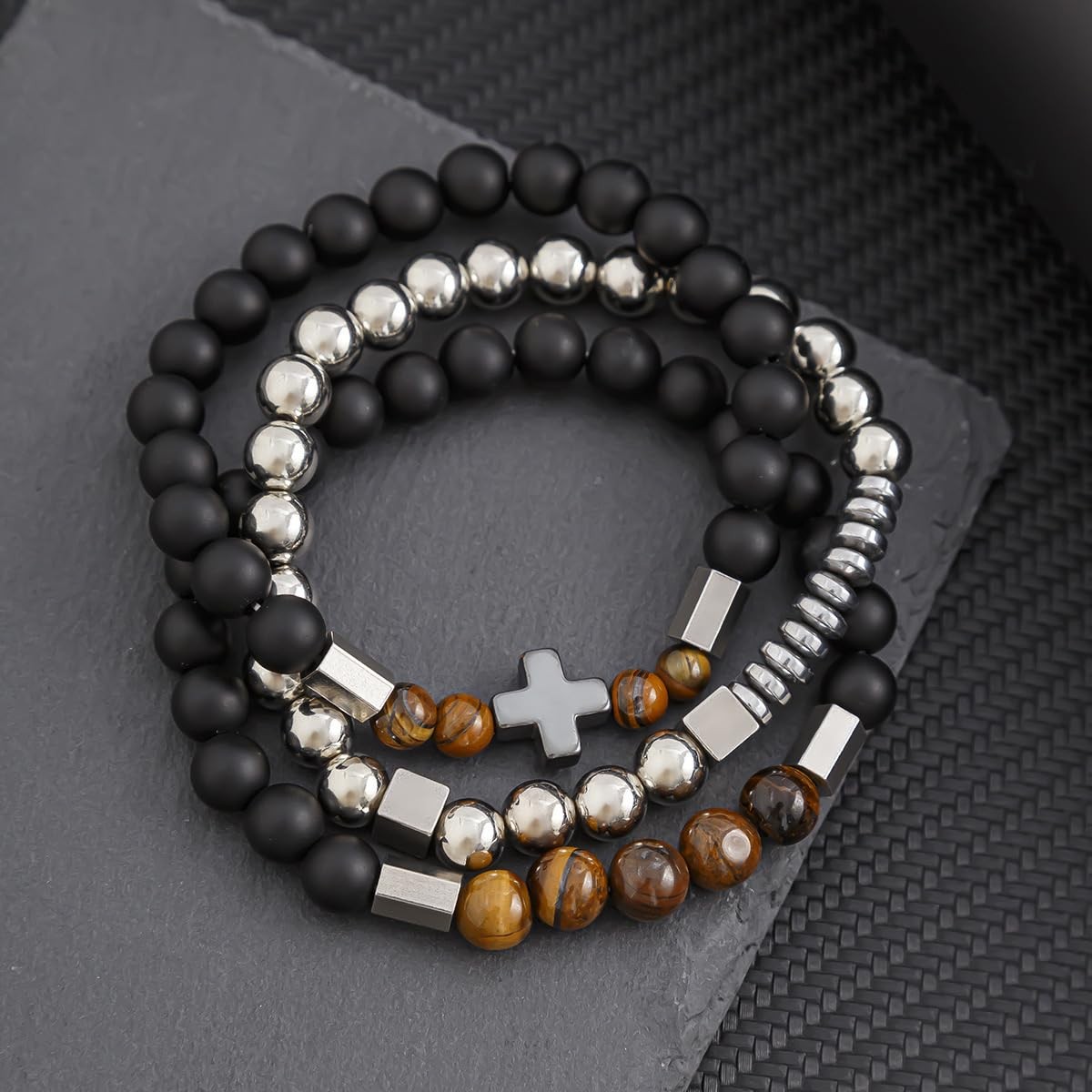3 PCS Triple Protection Bracelet Set for Men Tiger Eye, Hematite, Onyx Beaded…