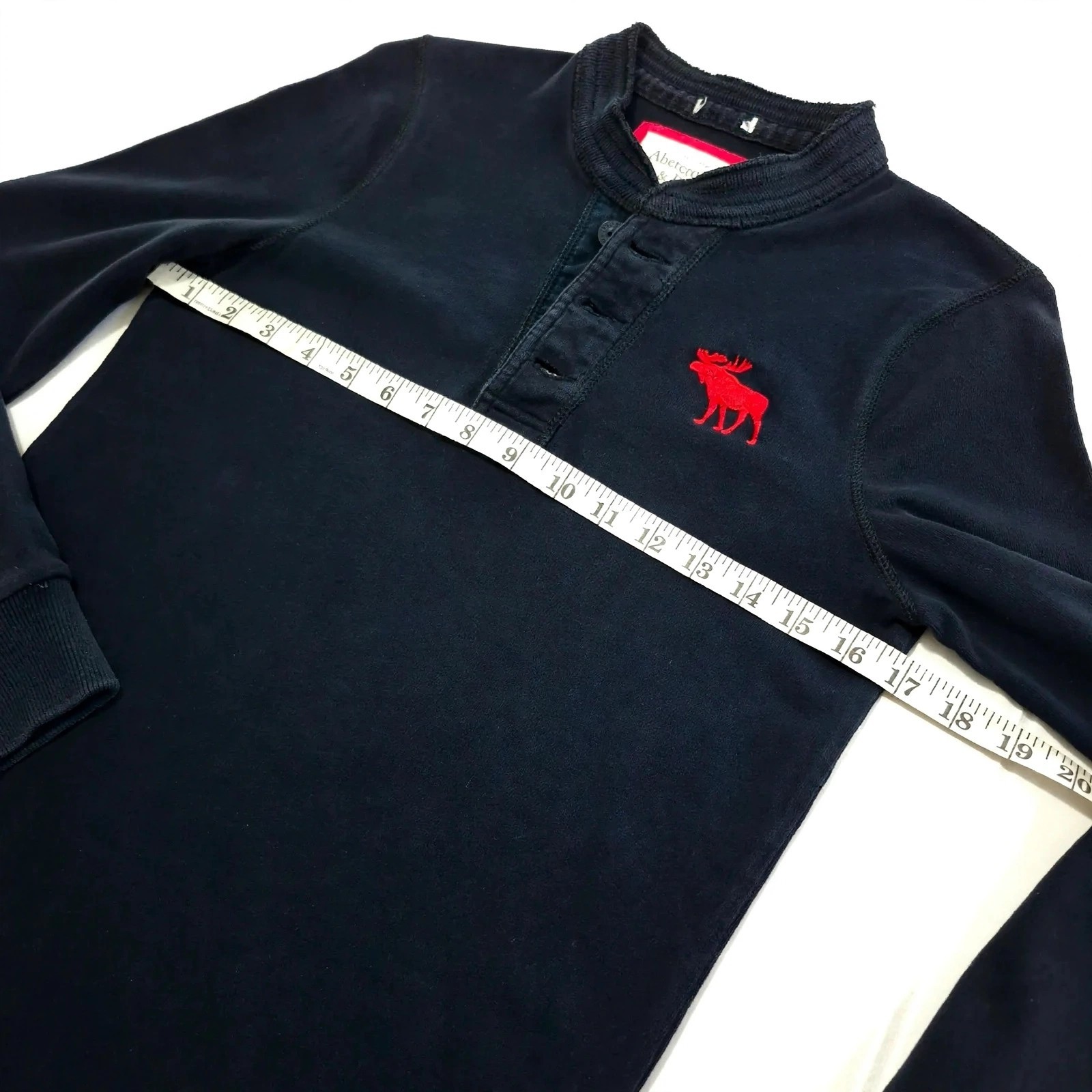 Abercrombie & Fitch Men Small Navy Blue Long Sleeve Henley Shirt Red Moose Logo