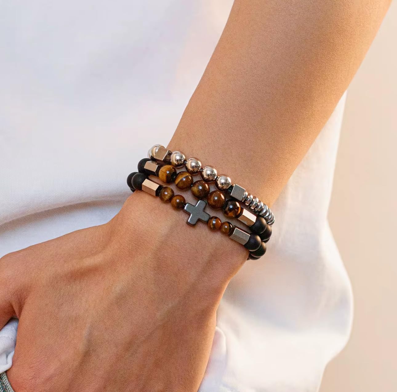 3 PCS Triple Protection Bracelet Set for Men Tiger Eye, Hematite, Onyx Beaded…