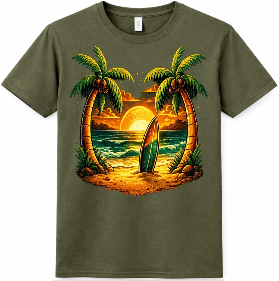 Tropical Beach T-Shirt Sunset Surfboard Graphic Palm Trees Ocean Summer tee
