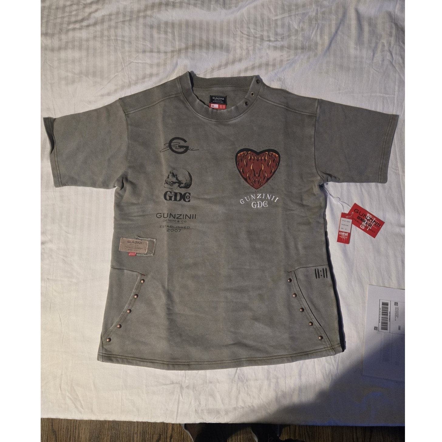 GUNZINII Denim & Co. Men’s Olive/Black Heart Studded Graphic Cotton T-Shirt M