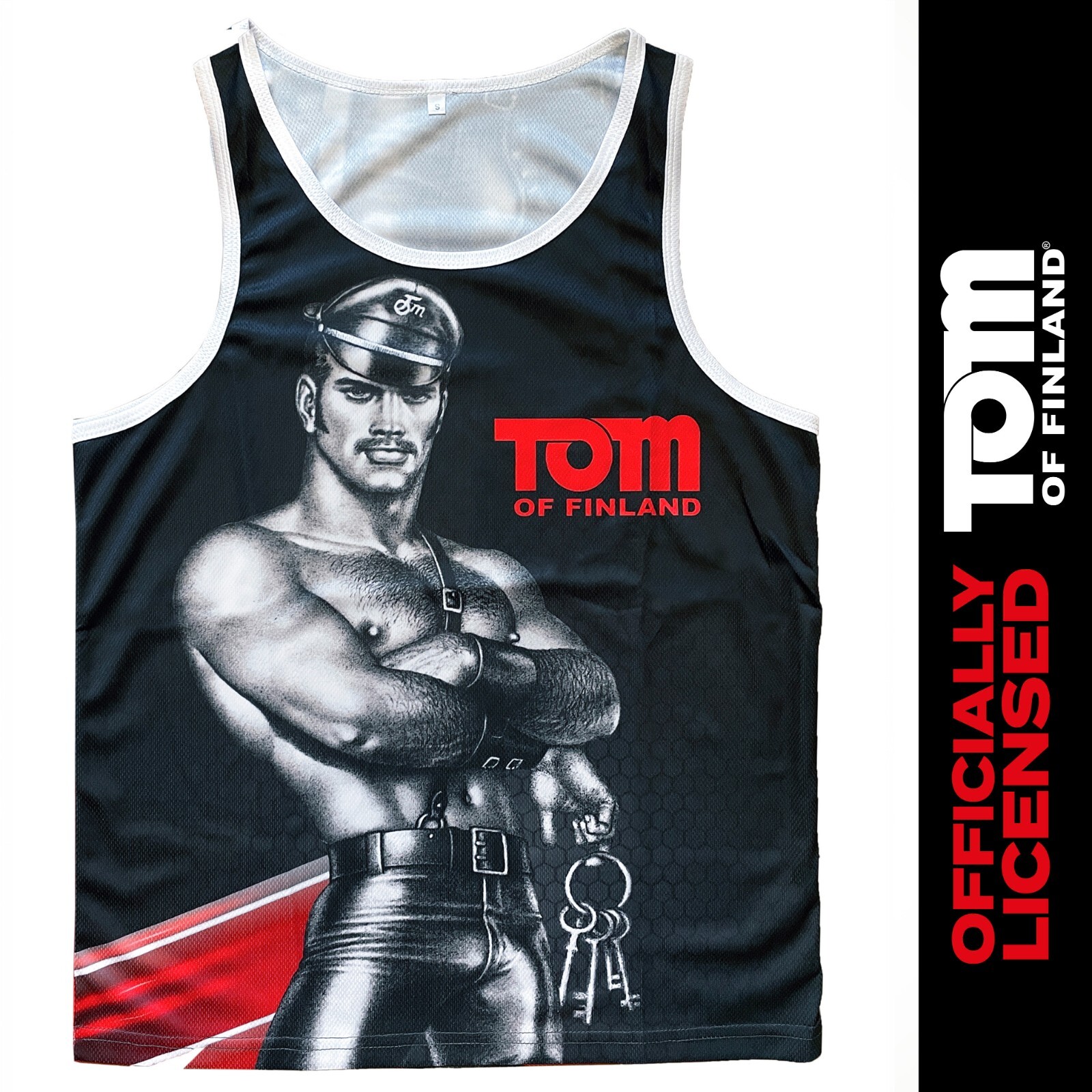 Tom of Finland Mesh Tank Top — “Leather Stud” (gay, leather pants, black man)