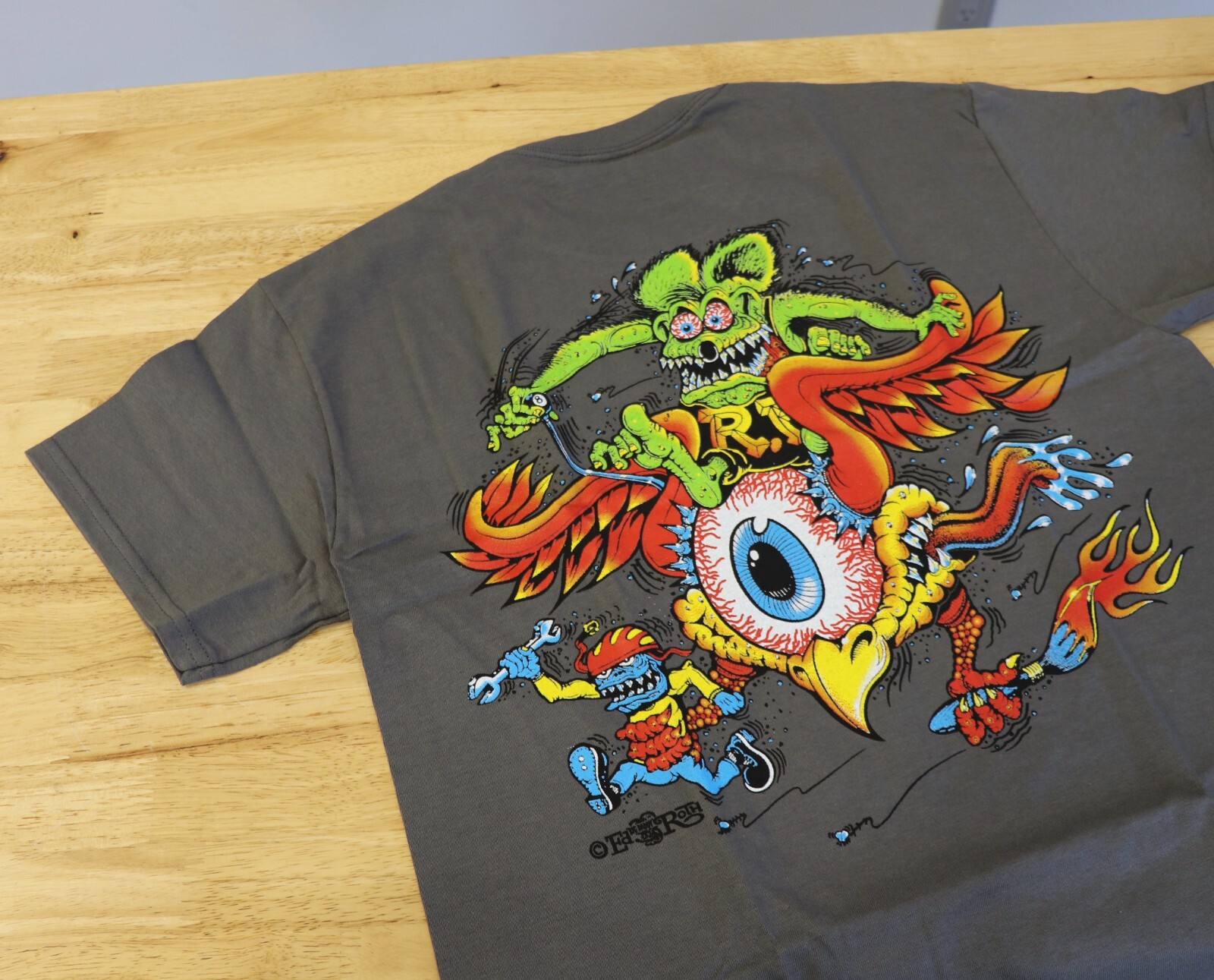 Men’s Ed Big Daddy Roth Rat Fink Flying Eye Hot Rod Gray Cotton T-Shirt M-3XL
