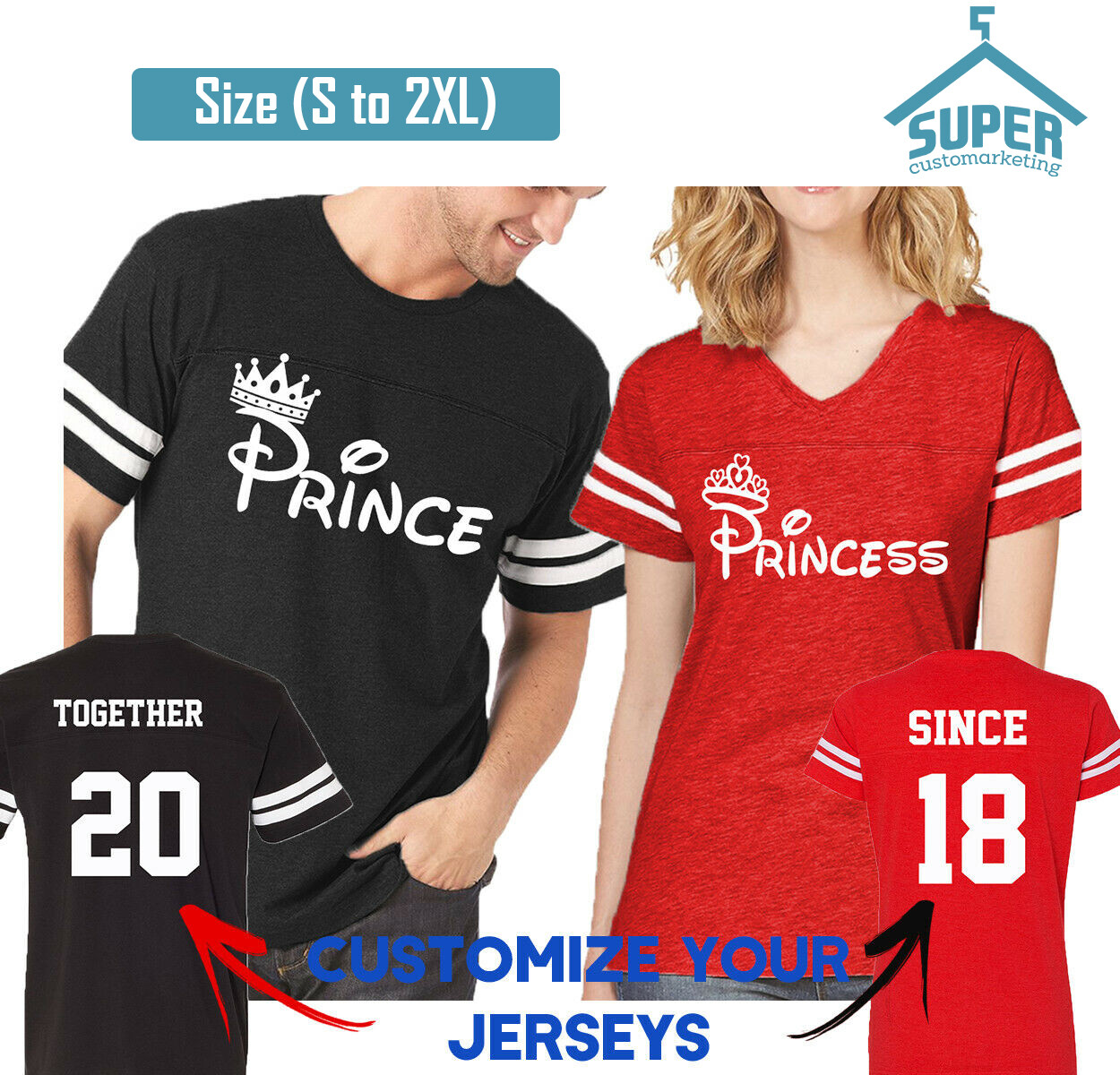 Couple Matching Shirts FASHION Prince Princess FOOTBALL JERSEYS TOGETHER SINCE