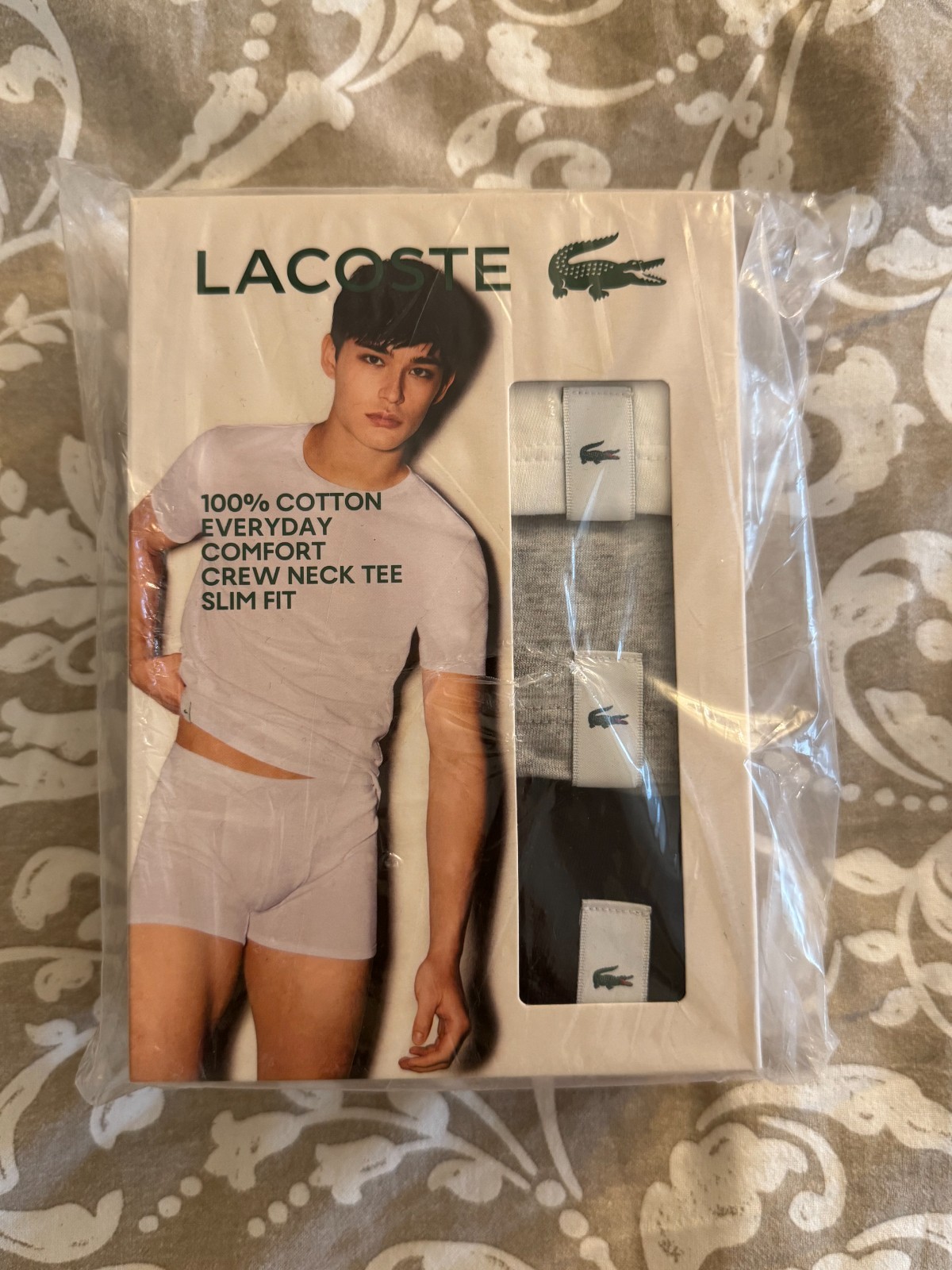 Lacoste Men’s 3-Pack 100% Cotton Slim Fit Crew Undershirts M White Grey Black
