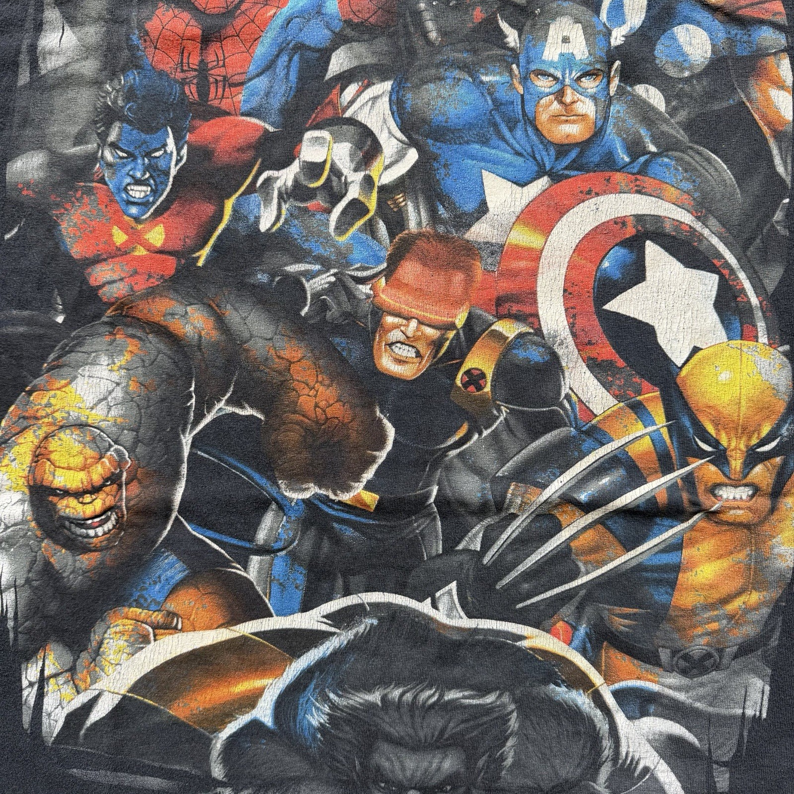 Vintage Y2K Mens XL Black Mad Engine x Marvel Characters Faded Worn Comic Tee