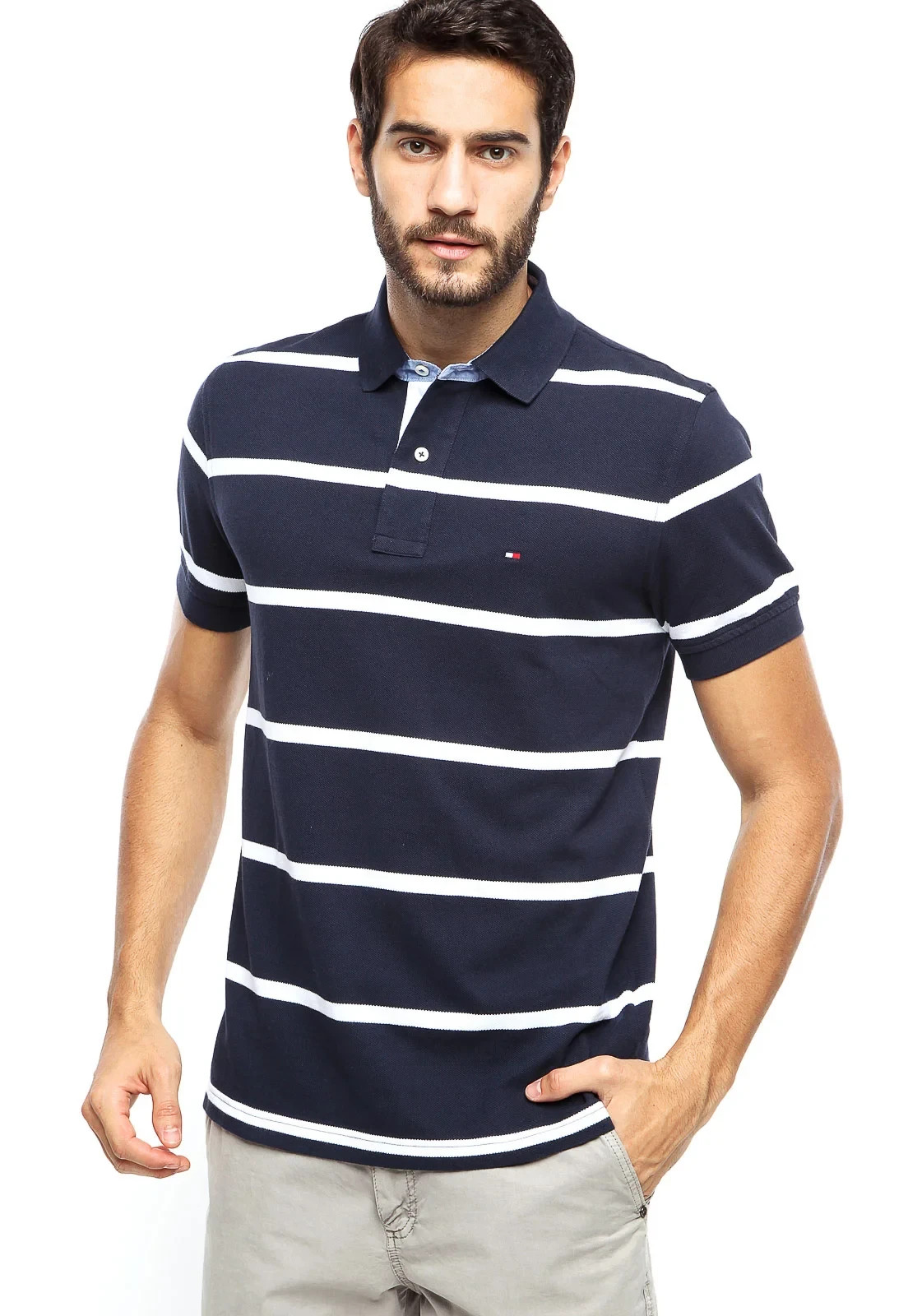 Tommy Hilfiger Men’s Striped Pique Polo Shirt Navy Blue White Short Sleeve Size