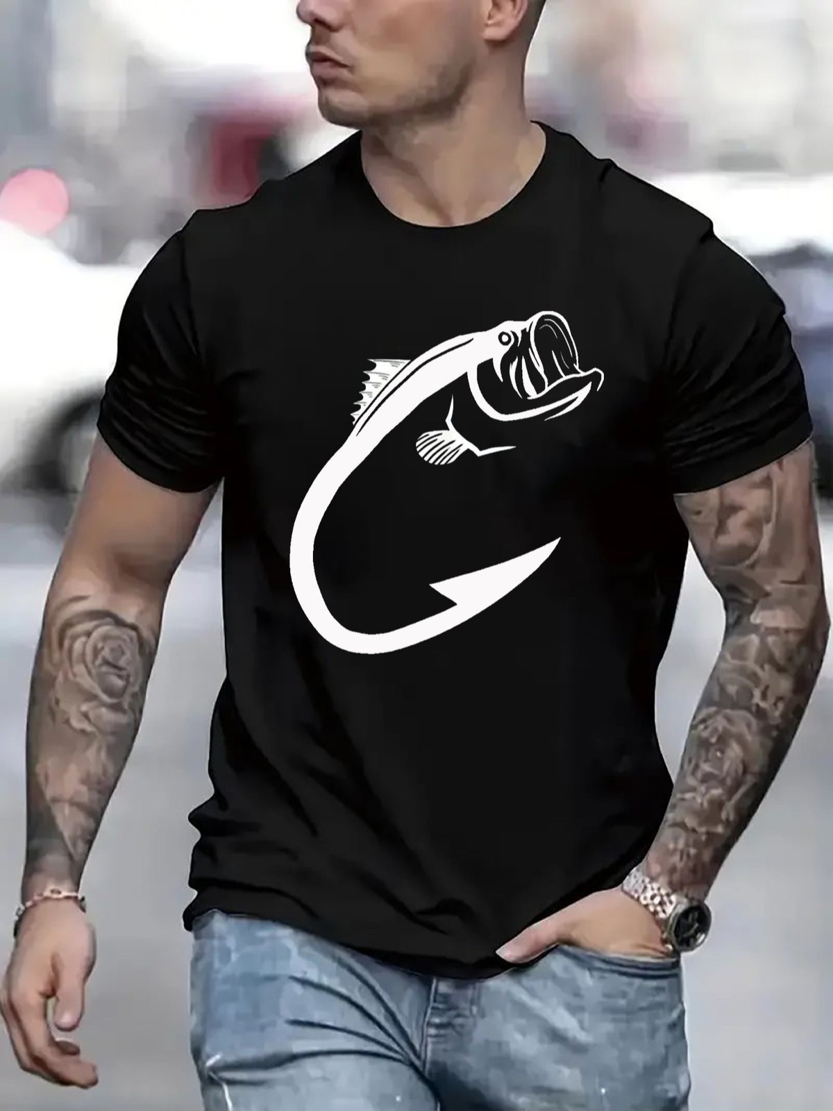 Fishing Hook Bass Graphic T-Shirt Funny Fisherman Angler Tee Gift for Men