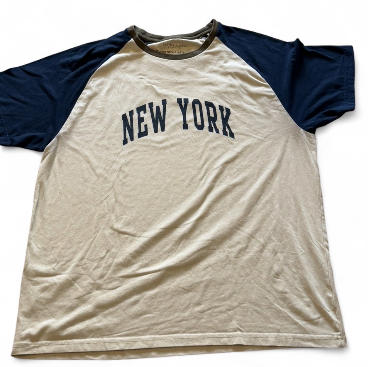 Denim & Flower New York Colorblock Raglan T-Shirt Beige/Blue Cotton Jersey XL