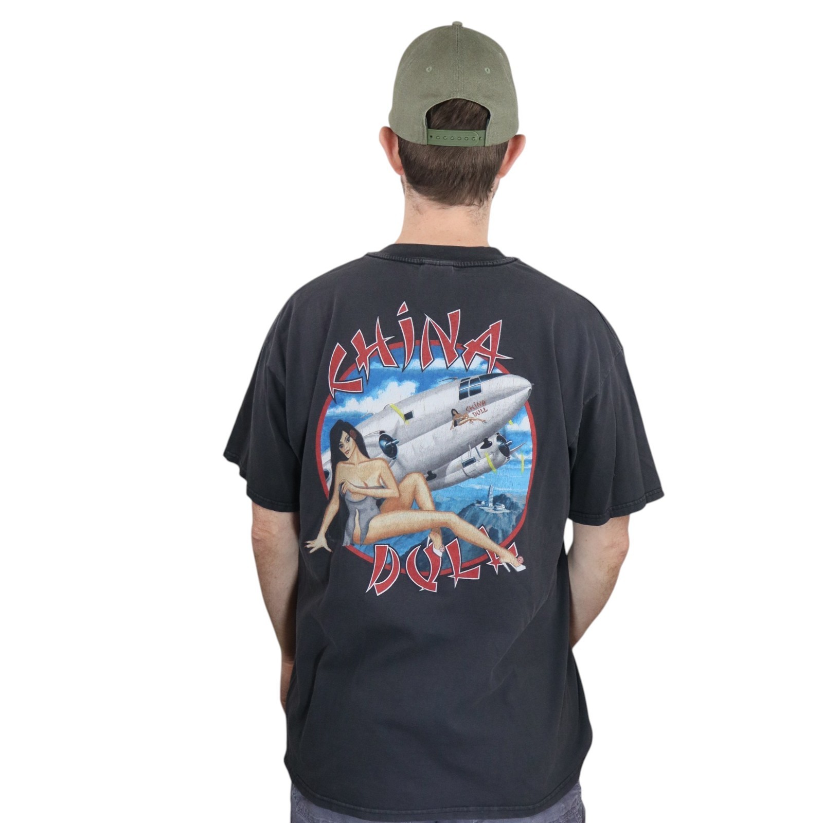 Vintage China Doll C46 Commando T Shirt Mens XL Black WWII Airplane Pin Up Tee