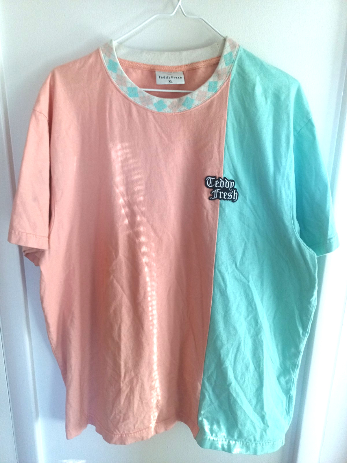 Vintage 90s Teddy Fresh Crewneck Pink Blue Retro Color Block T Shirt Mens XL