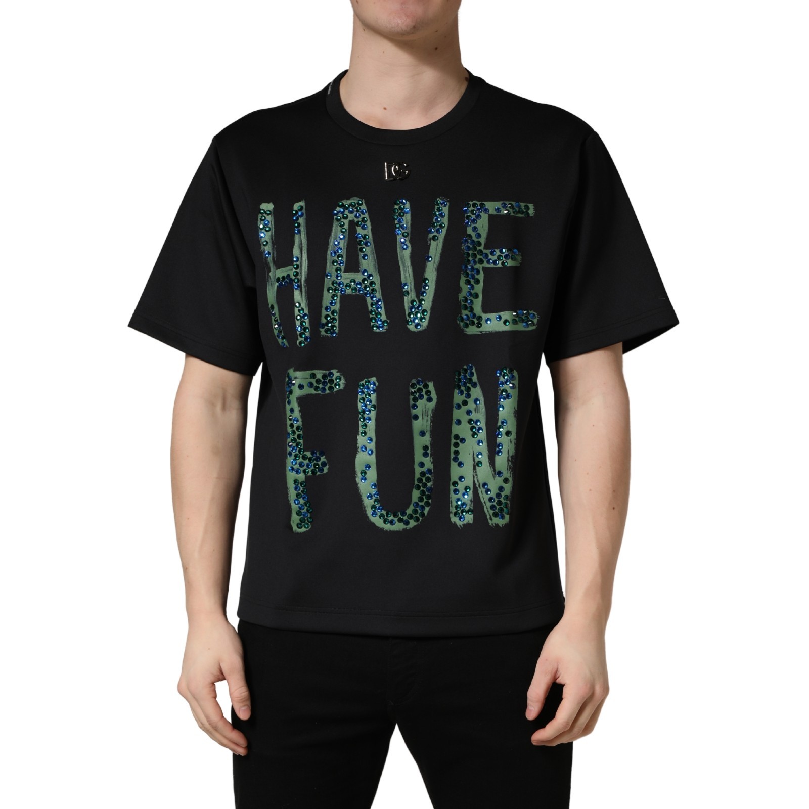 DOLCE & GABBANA T-shirt Black Have Fun Embellished Crew Neck IT50/US40/L 1350usd