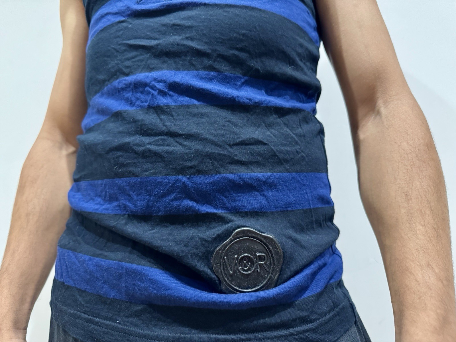 Viktor & Rolf Monsieur Men’s Black Blue Striped Hem Logo Jersey Tank Vest Top 48