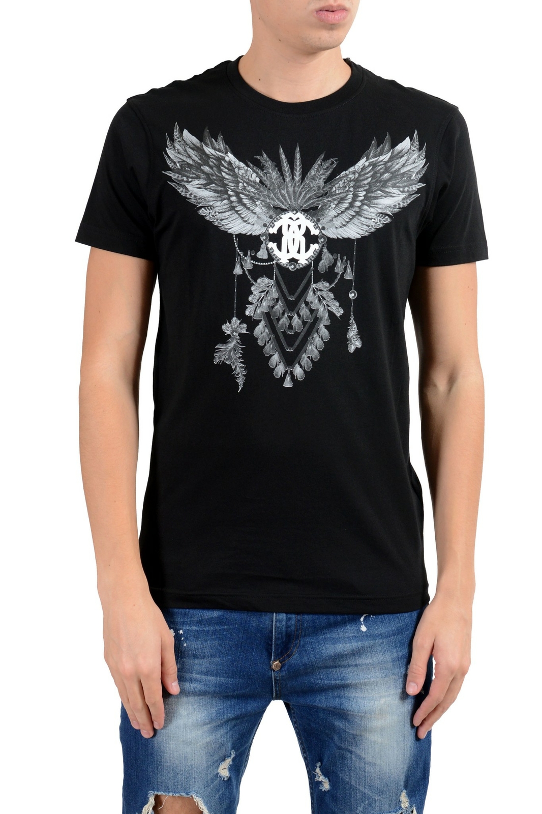 Roberto Cavalli Men’s Black Graphic Crewneck T-Shirt Size S M L XL 2XL