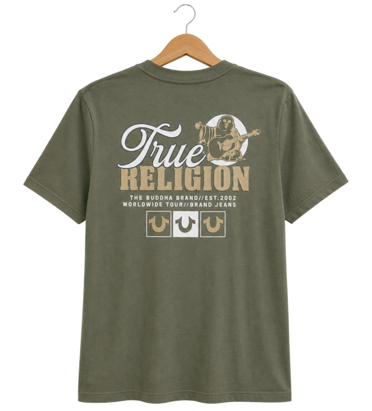 True Religion Mens T Shirt Medium Olive Green Raised Graphic Buddha Logo Tee NWT