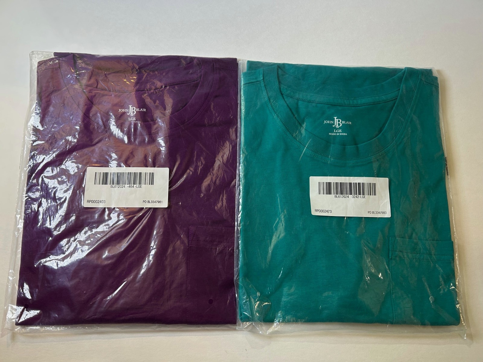 2 New John Blair Classics 100% Cotton Pocket T-Shirts Teal-Green Purple Large