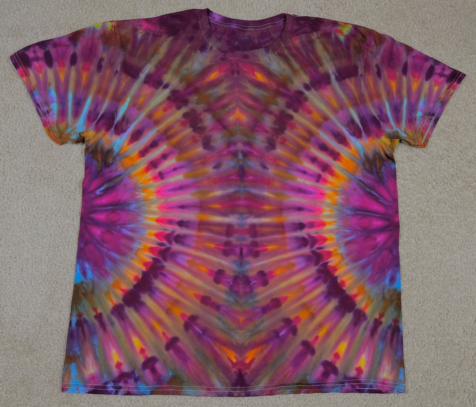 Handmade Ice Tie Dye T-Shirt XL Mens Womens Soft Cotton Maroon orange Fanfold