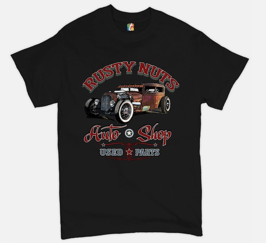 Rusty Nuts Auto Shop T-shirt Hot Rod Rat Rod Vintage Old School Men’s Tee NEW