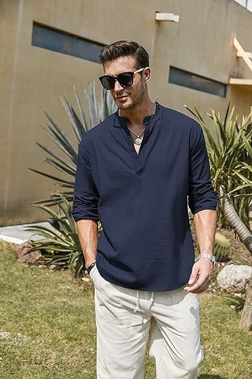 COOFANDY Men’s Cotton Linen Henley T-Shirt Long Sleeve Hippie Casual Beach Blue