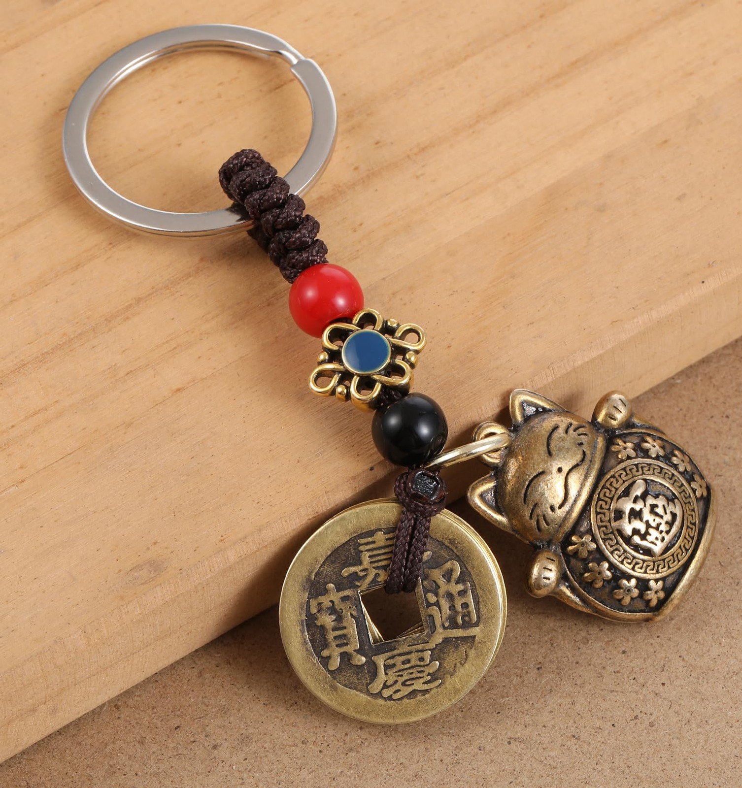 Lucky Cat Keychain, with Five Emperors Money Feng Shui Coins, Maneki Neko Good L