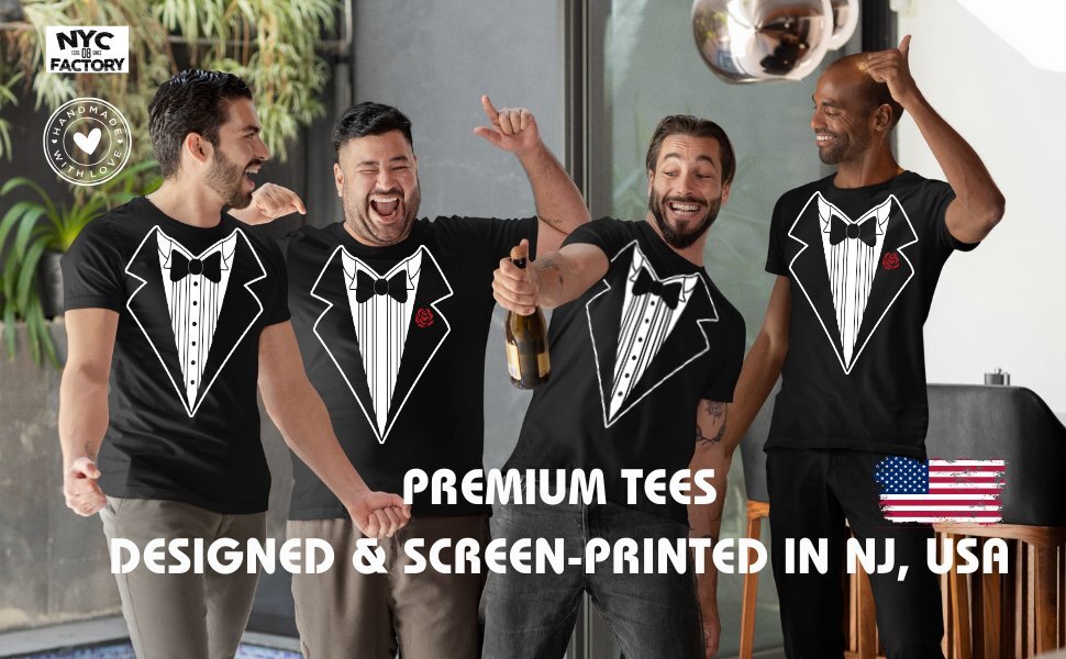 Men’s Funny Tuxedo T-Shirt Black Rose & Bowtie Bachelor Party Tux Tee Shirt