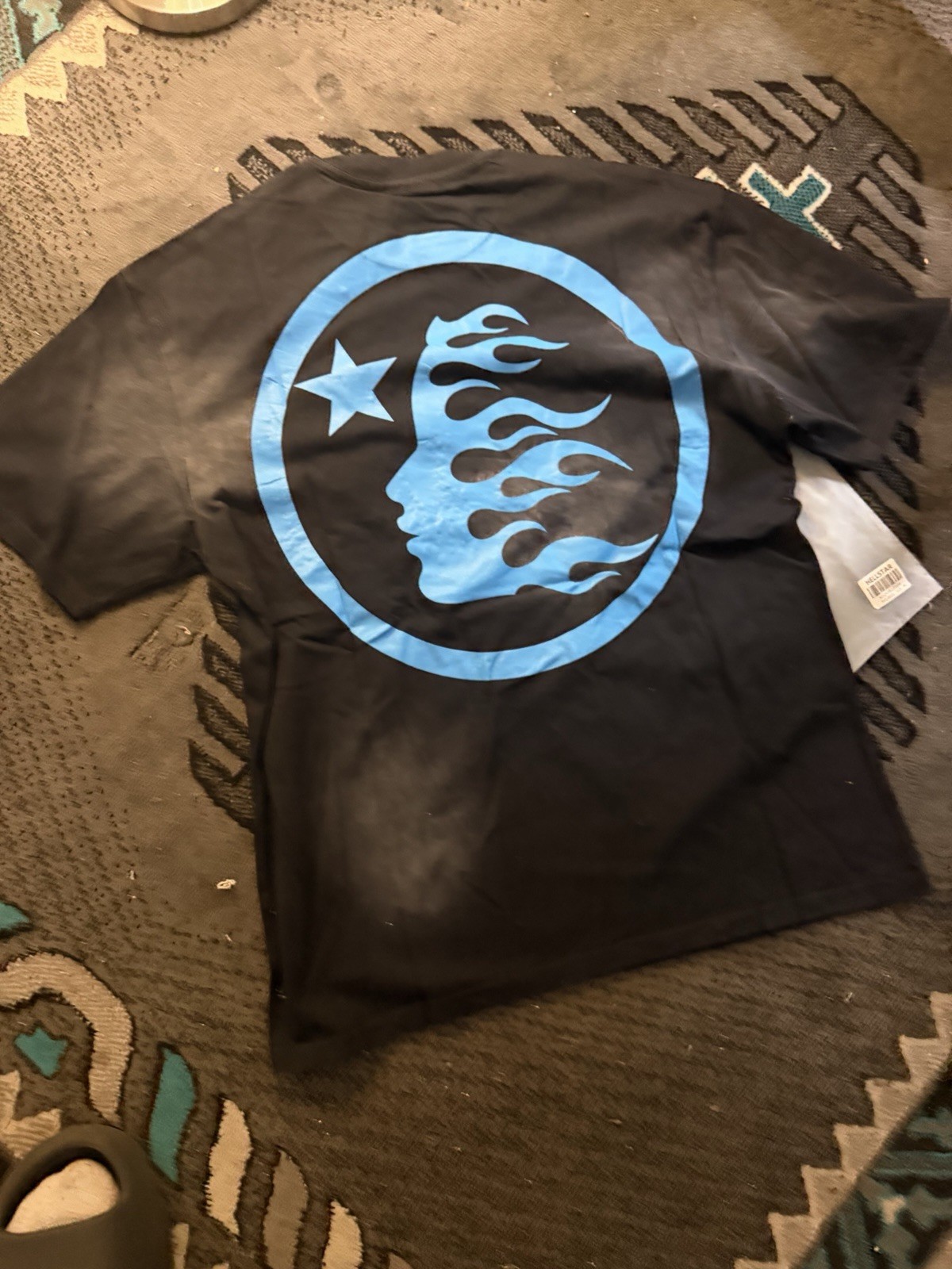 Hellstar Men’s Black Blue Cotton Jersey Graphic Logo Crew Neck Tee Size M
