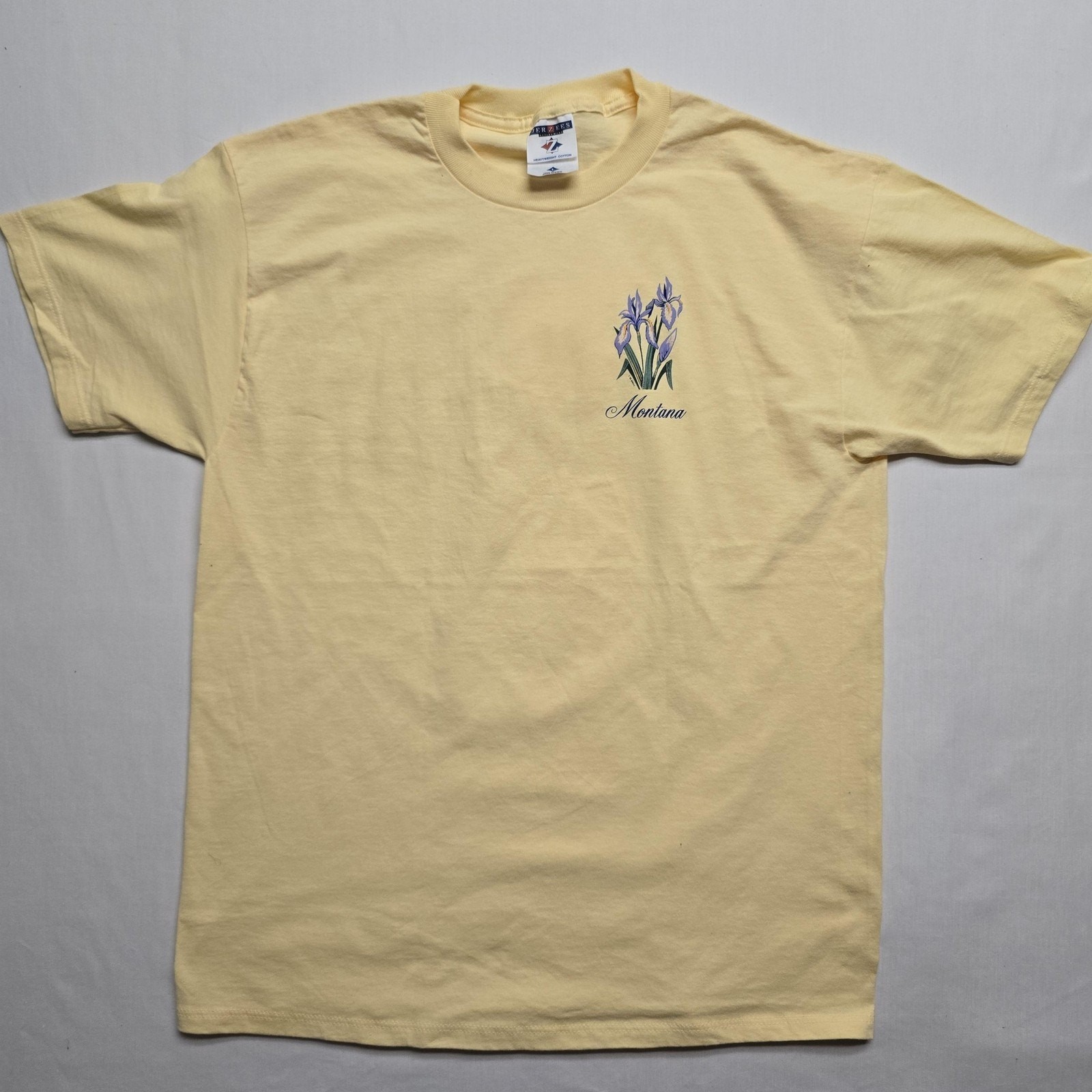 Vintage Montana Shirt Mens Large Yellow Floral Iris Graphic Made USA Jerzees 90s