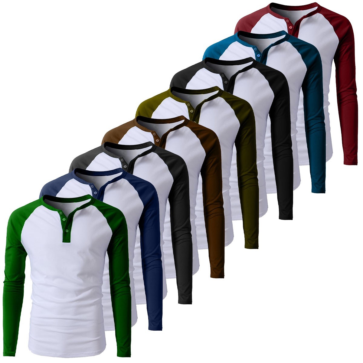 Mens Casual Long Sleeve T-shirt Henley Grandad V Neck Button Solid Tee Shirt Top
