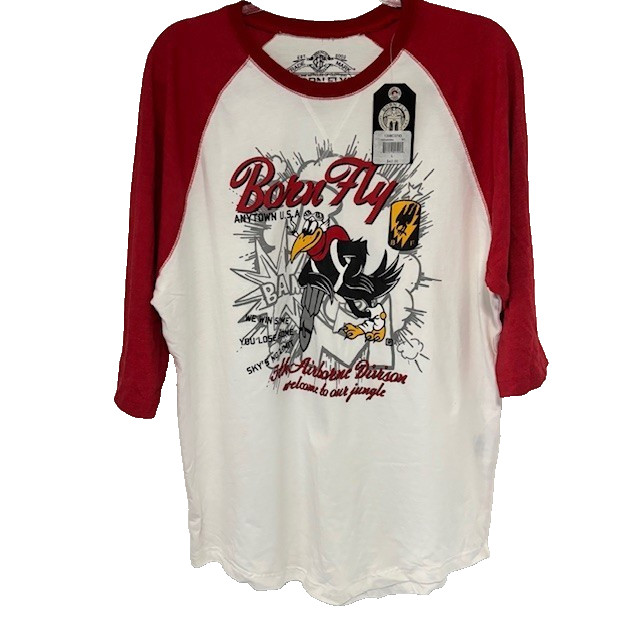 Born Fly NWT L Red White Raglan 3/4 Sleeve Graphic Tee Streetwear Hip Hop Comic