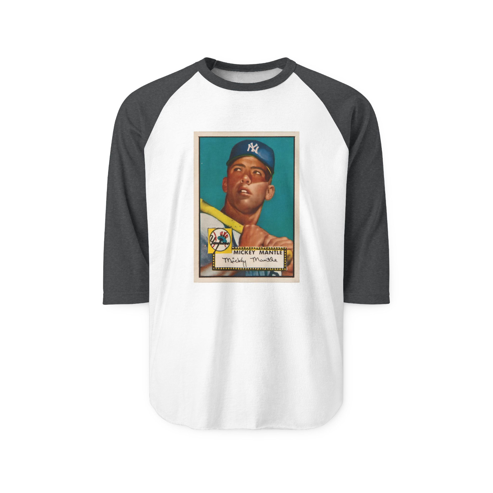 Vintage Mickey Mantle Rookie Baseball Card T-Shirt – Raglan Two Tone 3/4 Sleeves