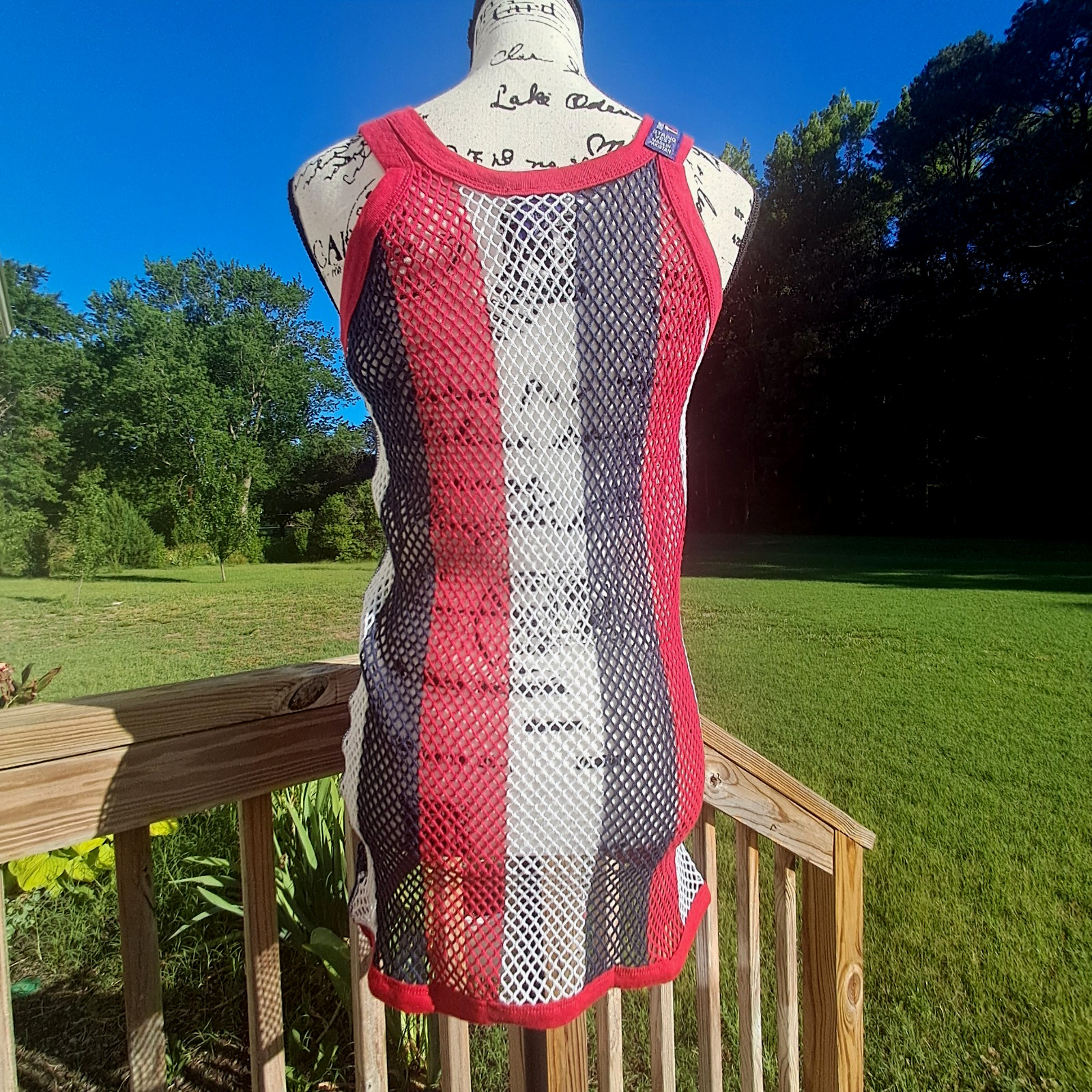 Vintage Trends String Vest Mesh Fishnet Tank Top Dress Large Patriotic USA Flag