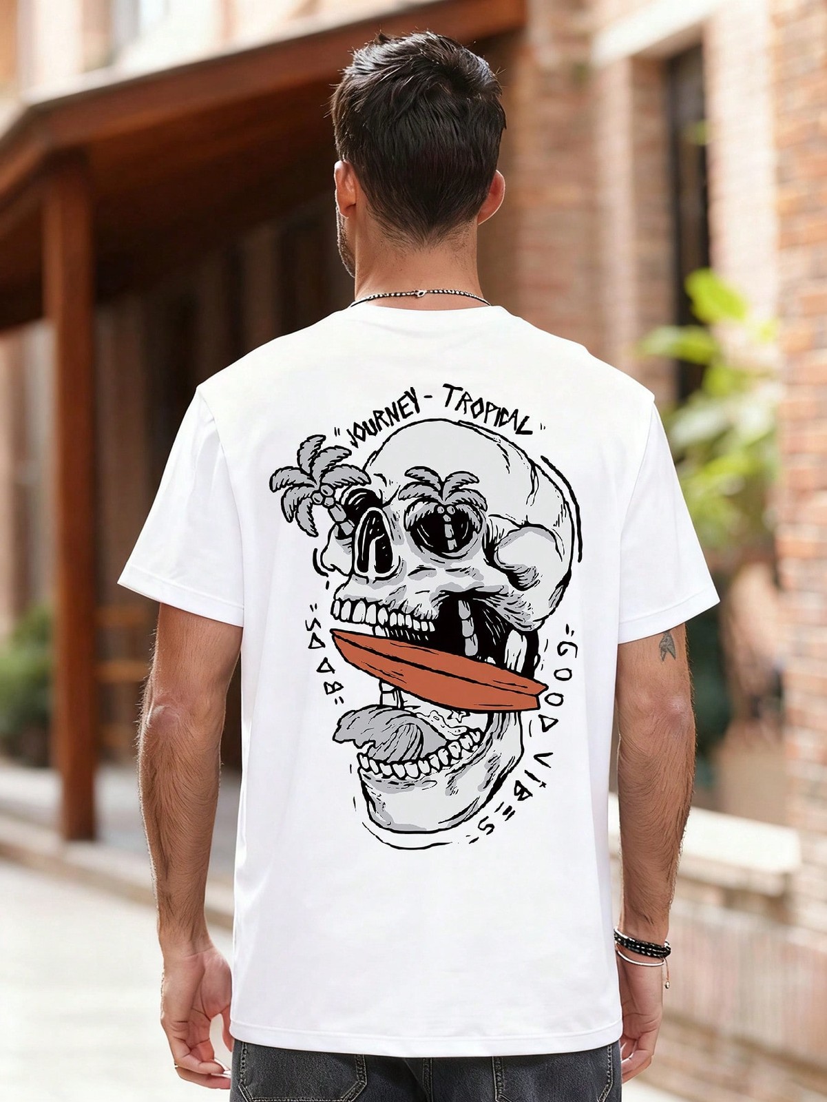 Men’s Summer Casual Letter & Skeleton Print Round Neck Short Sleeve T-Shirt