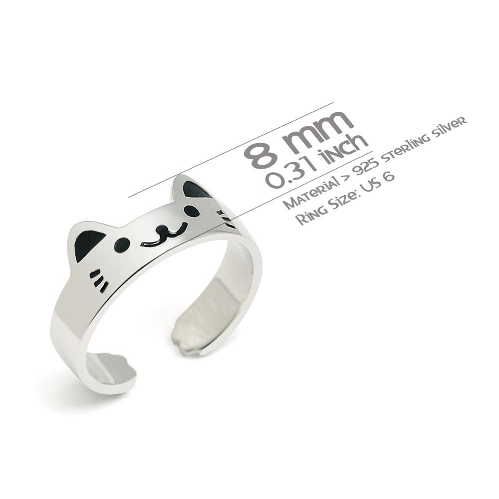 925 Sterling Silver Cat Ring, Adjustable Open Kitty Ring Size US 6-7, Cute An…