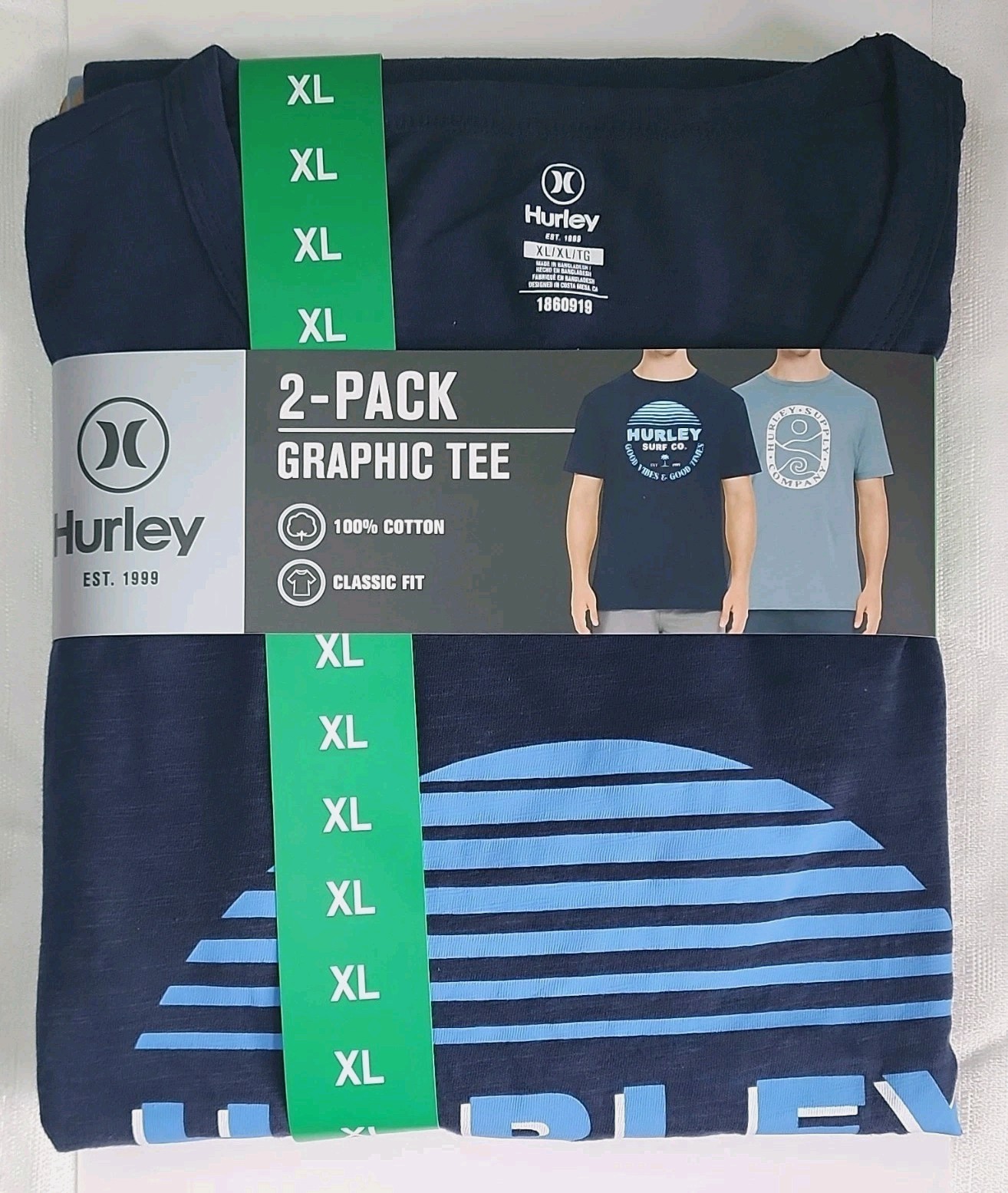 Hurley Men’s 2-Pack Graphic Logo 100% Cotton Knit Classic Fit Crew Tee XL Blue!