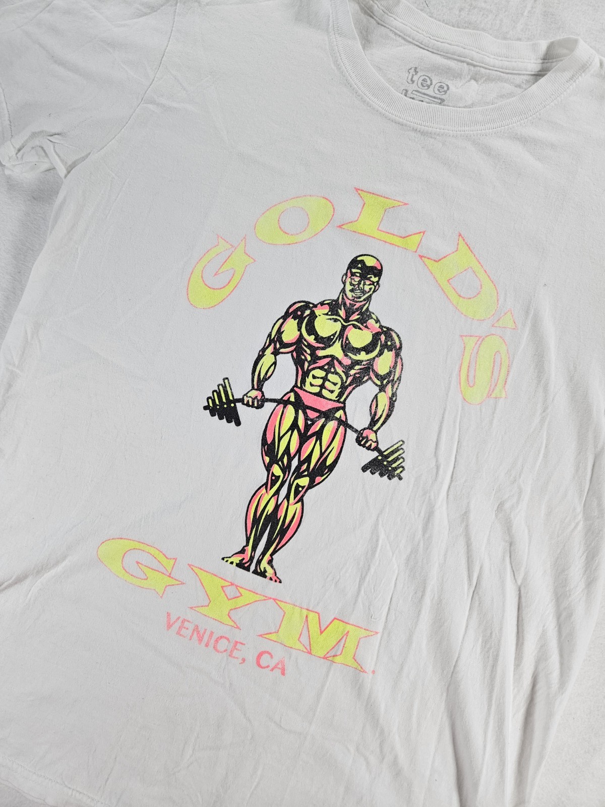 Vintage Gold’s Gym Venice CA T Shirt Men’s M White Neon Muscle Joe Bodybuilding