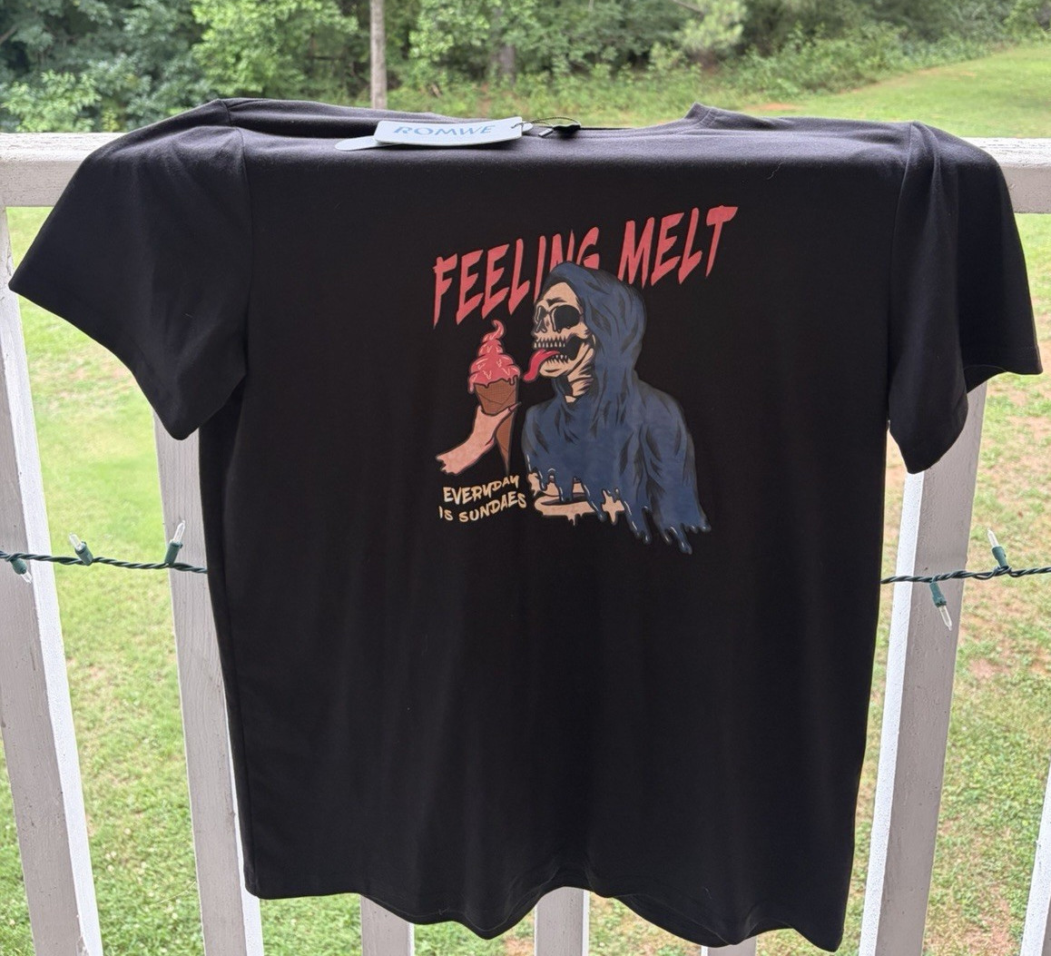 Men’s Black Graphic Print Crew Neck Short Sleeve T-Shirt XL “FEELING MELT”