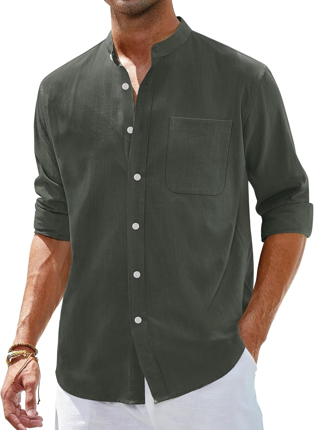 Men’s Linen Button Down Shirt Long Sleeve Band Collar Casual Beach Top